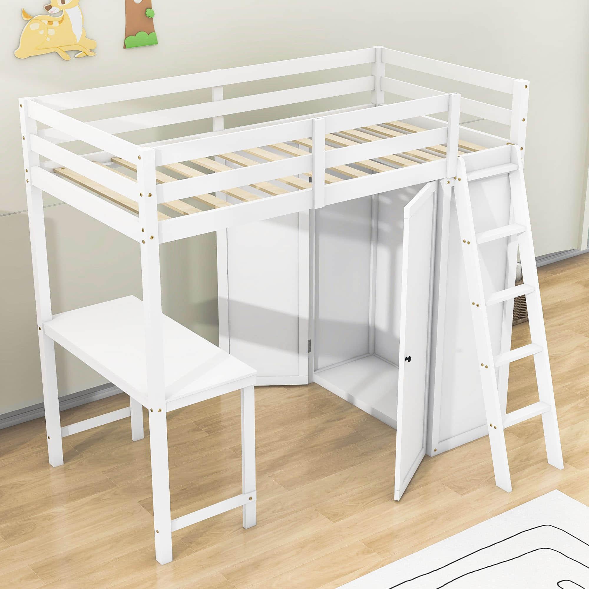 Wood Twin Loft Bed with Desk and Storage for Adults, Kids - [Wardrobe]