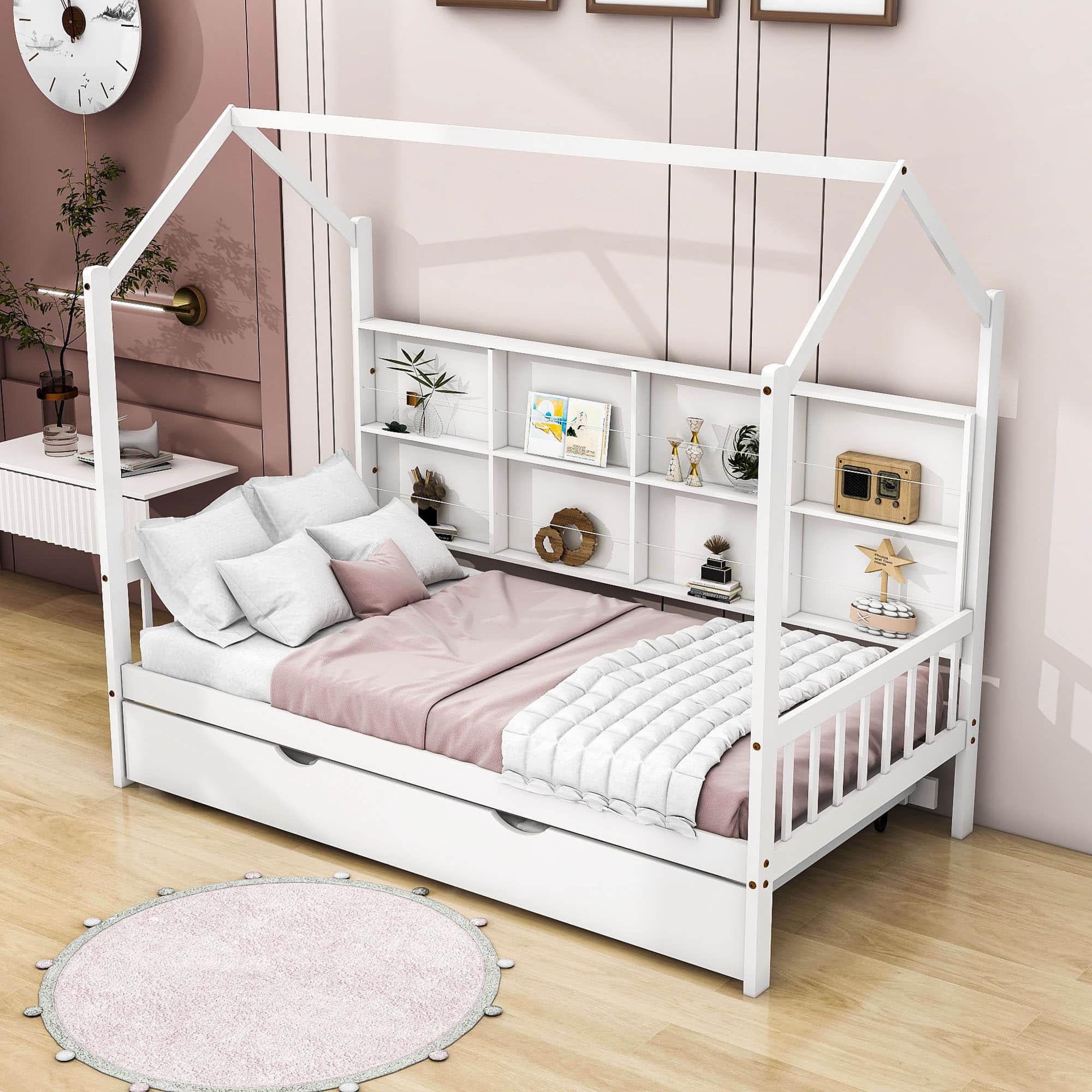 Twin Size Kids House Bed Frame with Twin Trundle and Shelf above Bed