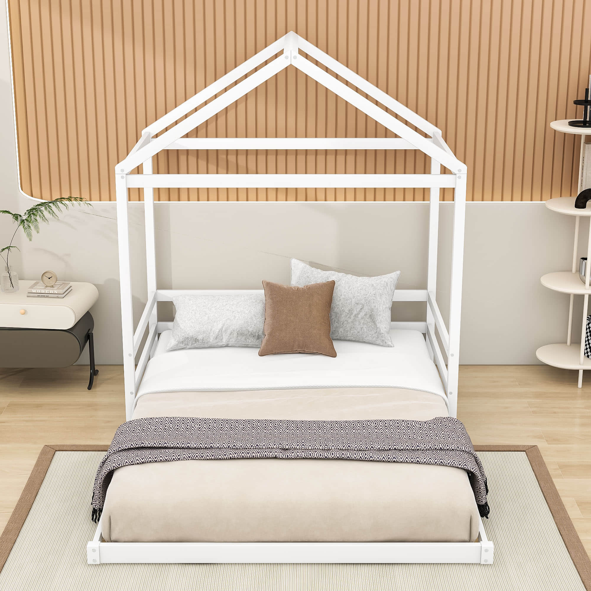 Wood House-Shaped Full Size Toddler Floor Bed with Rails