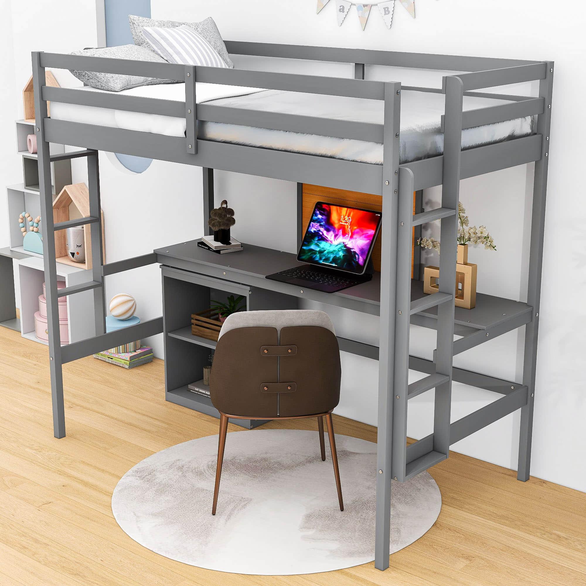 Wood Twin Loft Bed with Desk and Storage for Adults, Kids - [Cabinet]