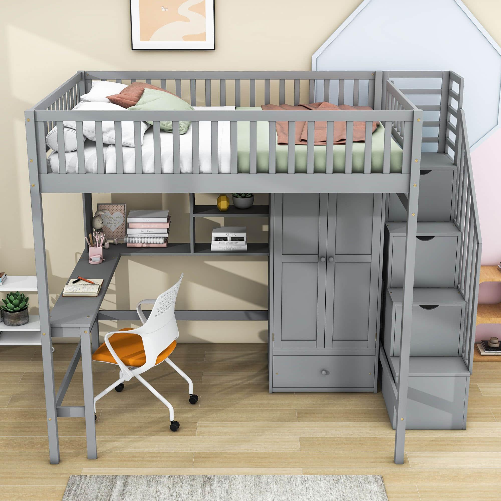 Full Size Loft Bed with Desk and Stairs, Storage - [Wood, Drawers, Wardrobe, Shelves]