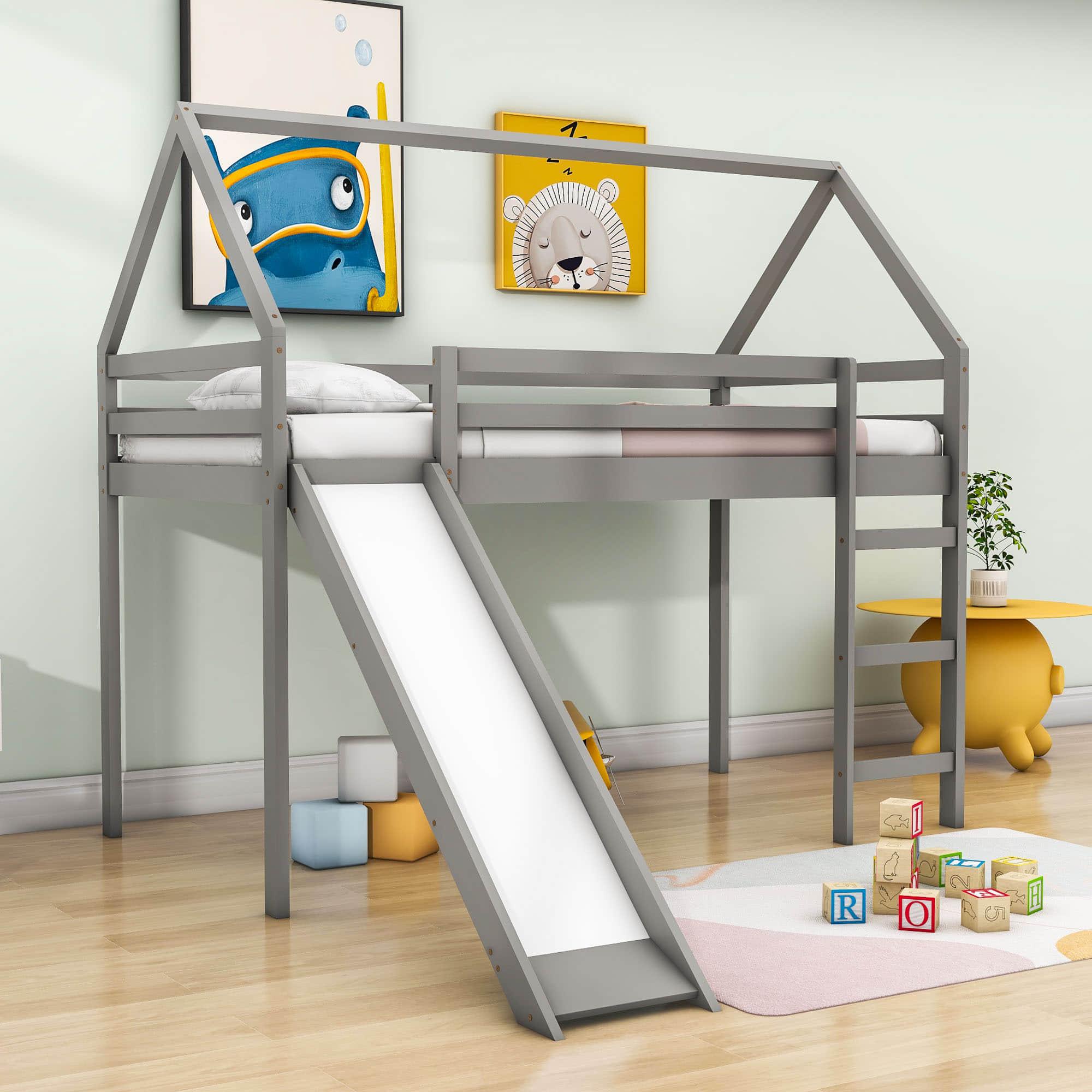 Wood House Twin Loft Bed for Kids with Slide