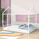 Full Size Metal House Toddler Floor Bed with Rails for Boys and Girls