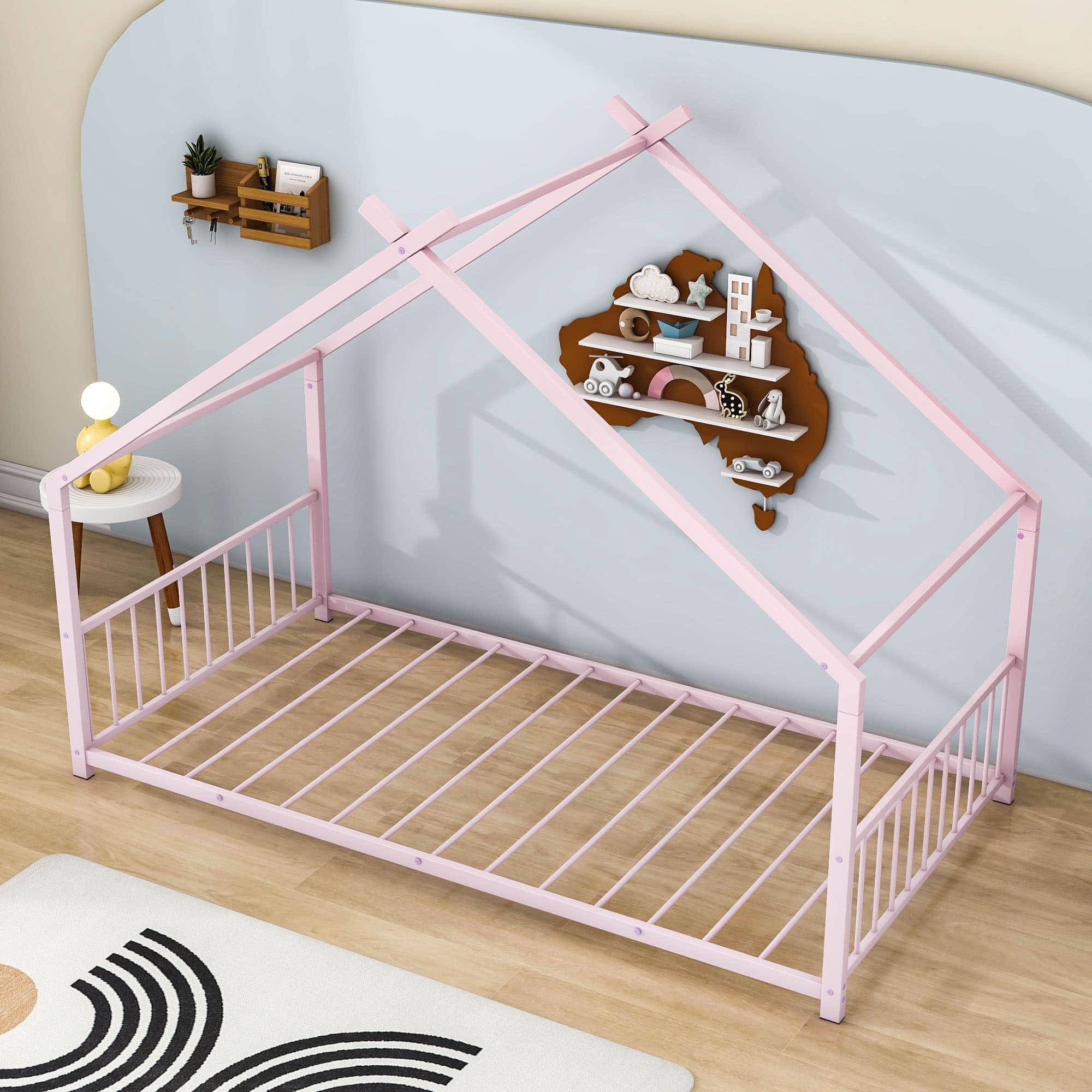 Twin Size Metal House Floor Bed for Toddler, Kids