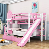 Girls Twin Over Twin Castle Bunk Bed with Slide and Stairs, Storage