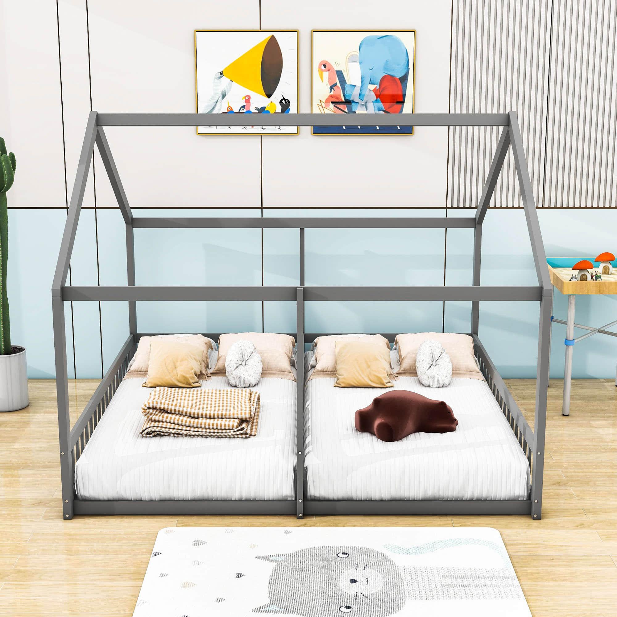 Montessori Double Twin House Floor Bed with Rails for Kids, Toddler