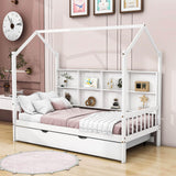 Twin Size Kids House Bed Frame with Twin Trundle and Shelf above Bed