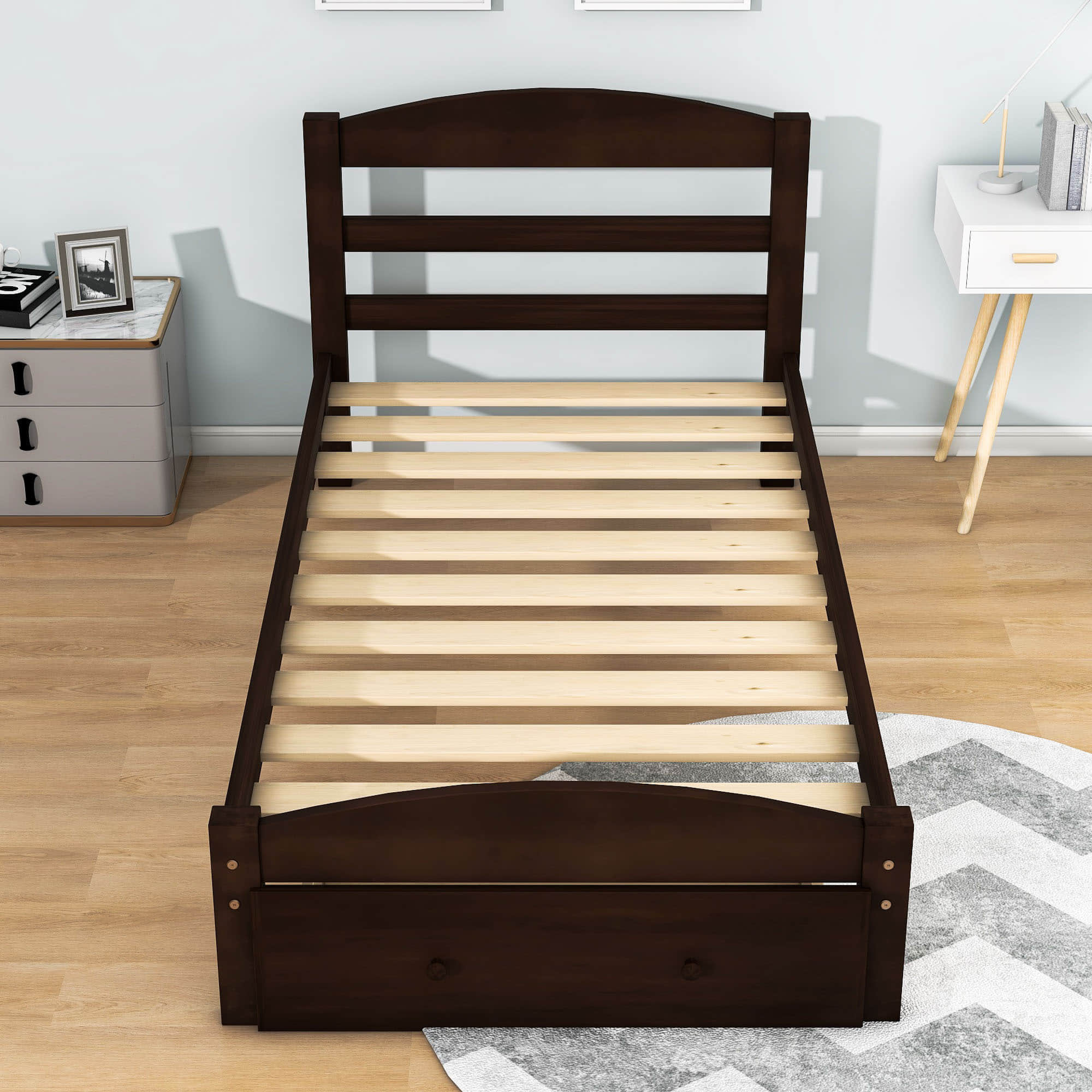 Wood Twin Bed Frame with Headboard and Storage Kids Bedroom Furniture