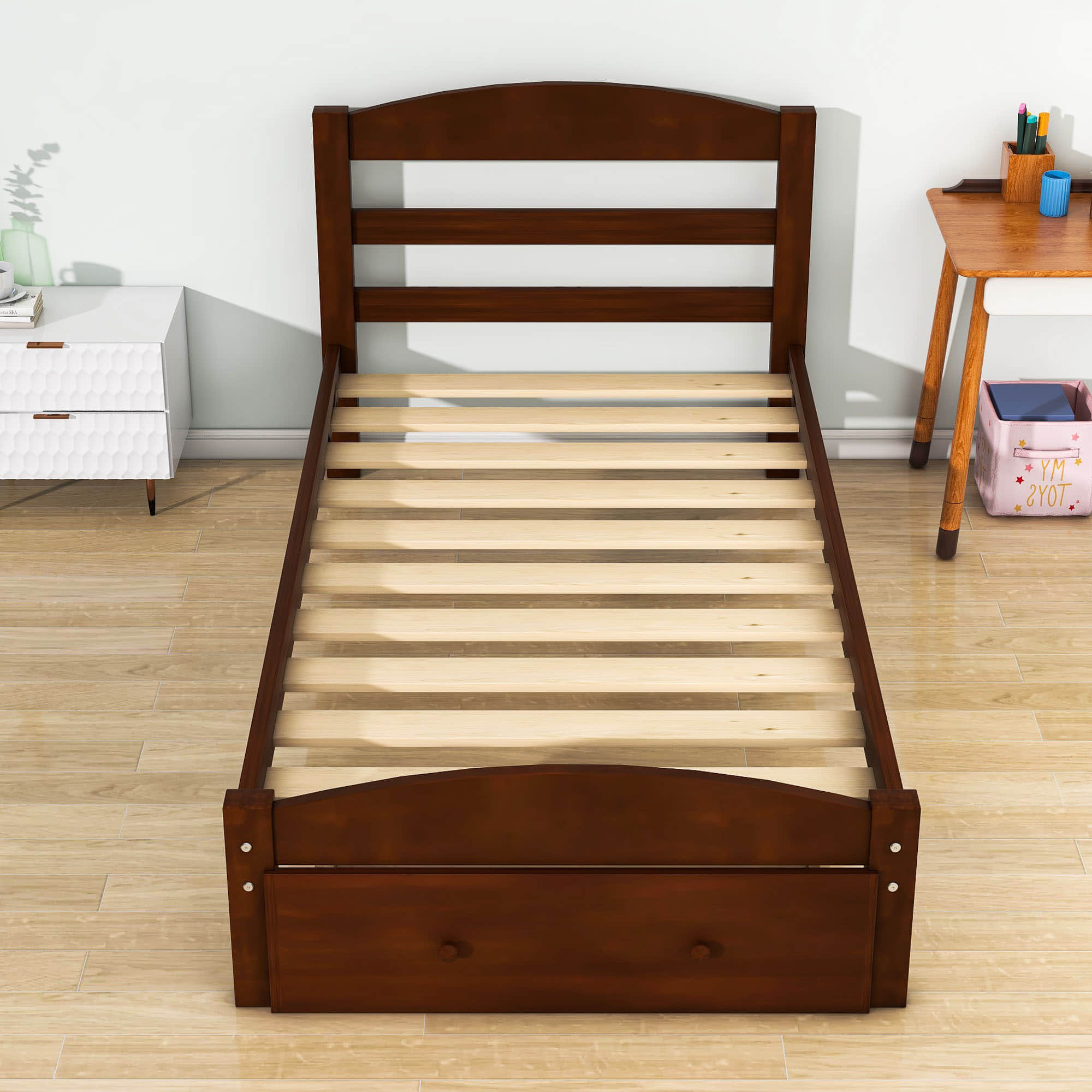 Wood Twin Bed Frame with Headboard and Storage Kids Bedroom Furniture