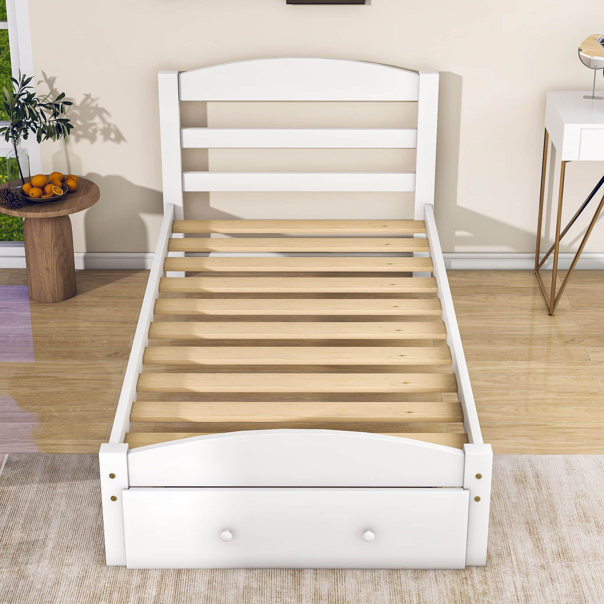 Wood Twin Bed Frame with Headboard and Storage Kids Bedroom Furniture