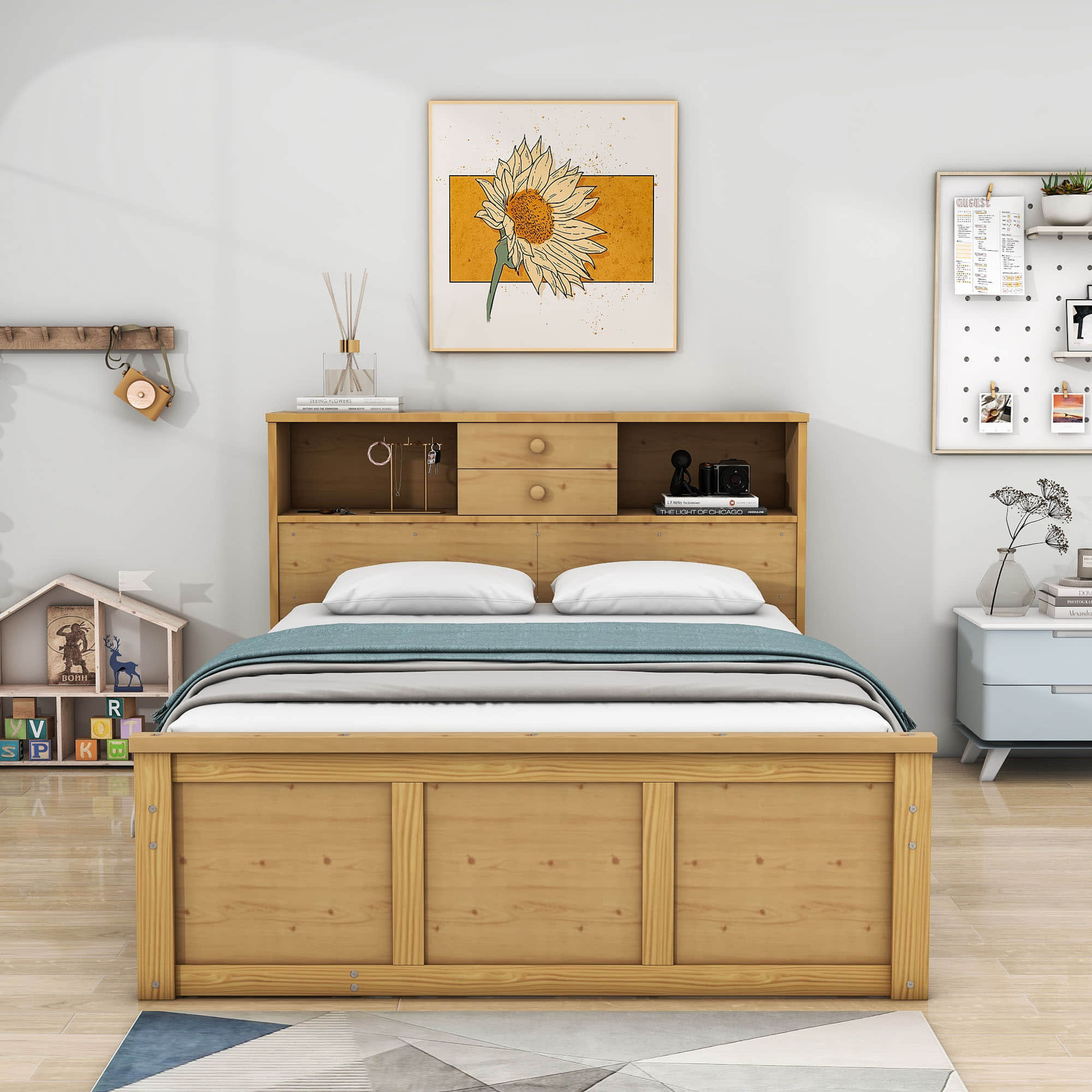 Wood Smart Full Platform Bed with Twin Trundle and Storage Headboard