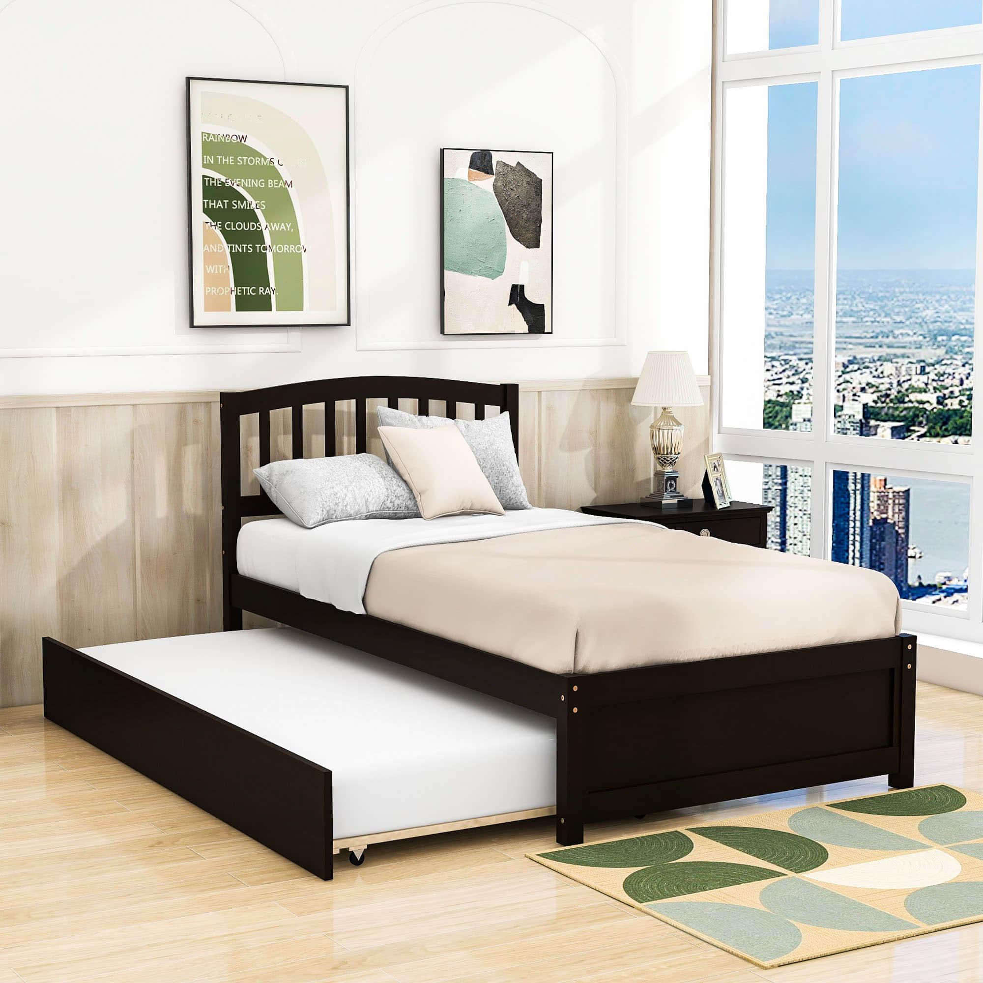 Wooden Twin Platform Bed with Trundle and Headboard