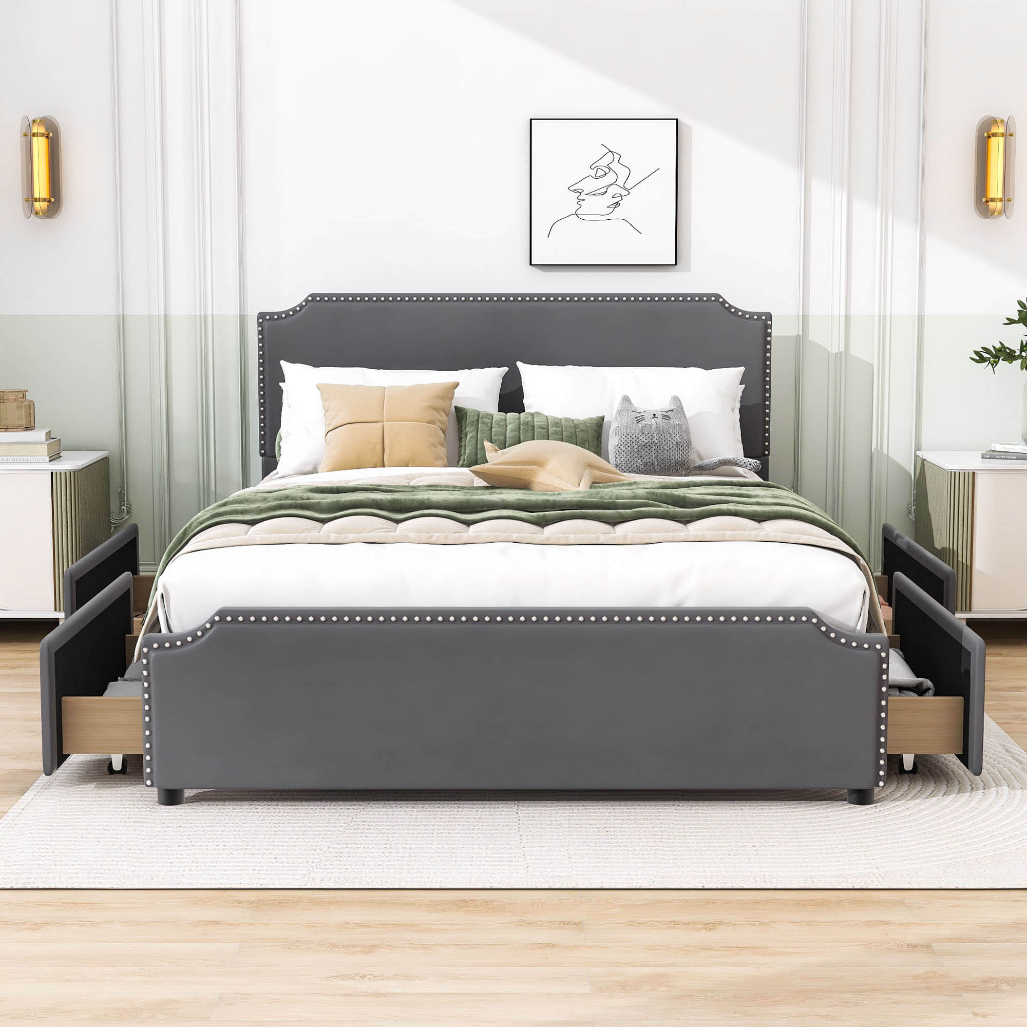 Queen Velvet Upholstered Bed Frame with Headboard and Storage