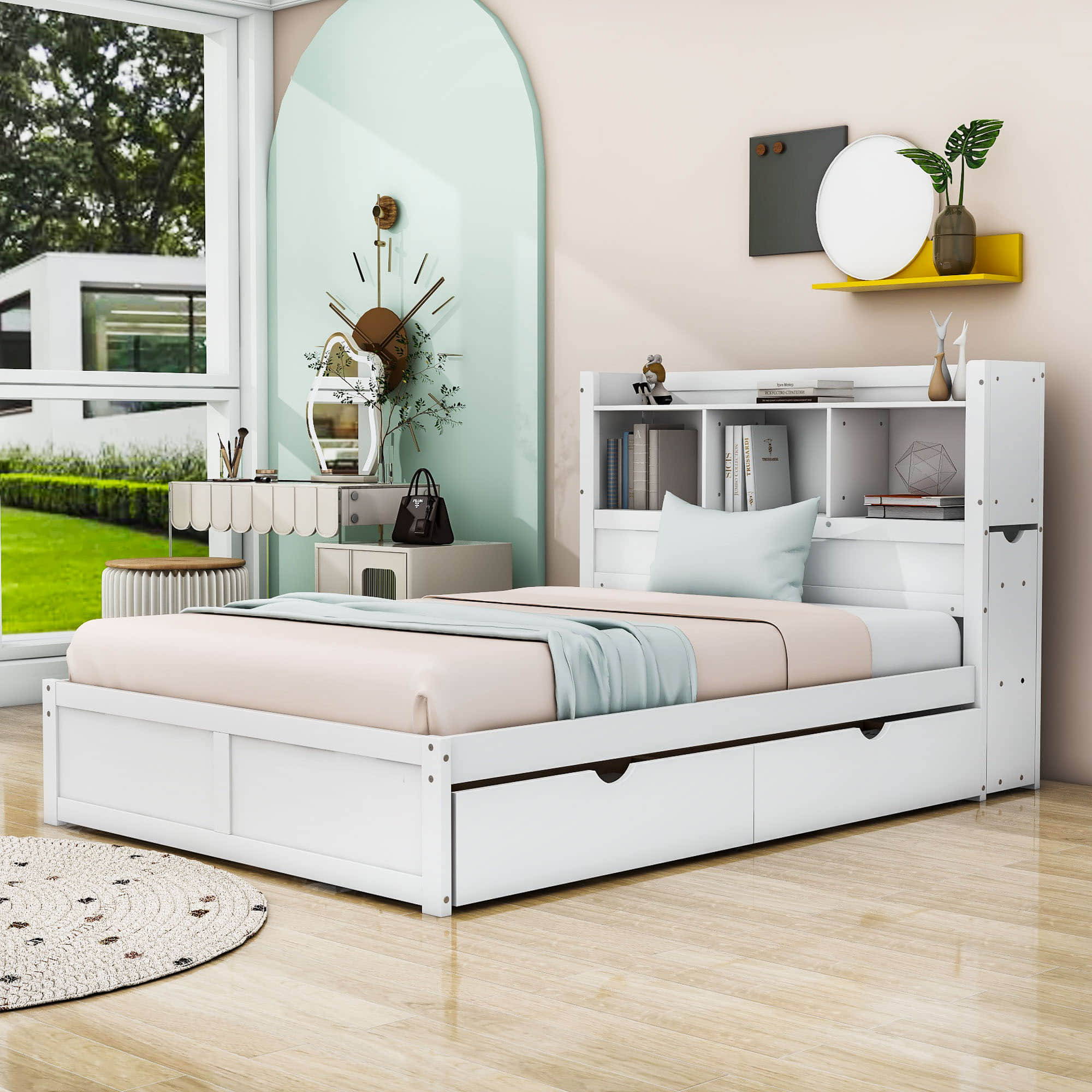 Full Platform Bed Frame with Twin Trundle Bed and Storage Headboard