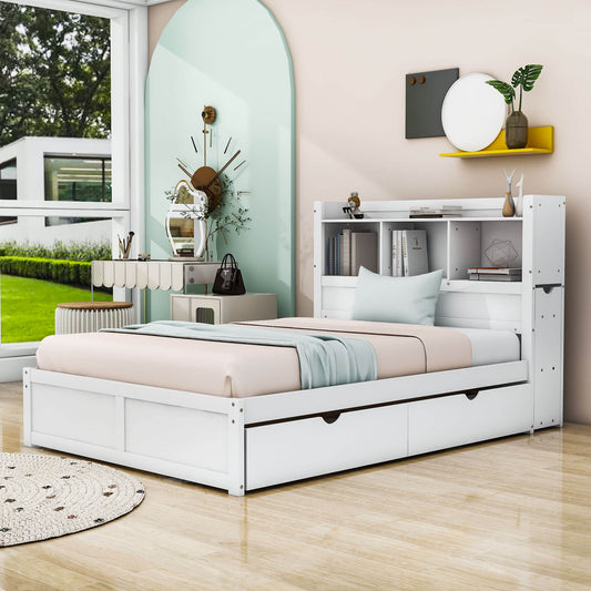 Full Platform Bed Frame with Twin Trundle Bed and Storage Headboard