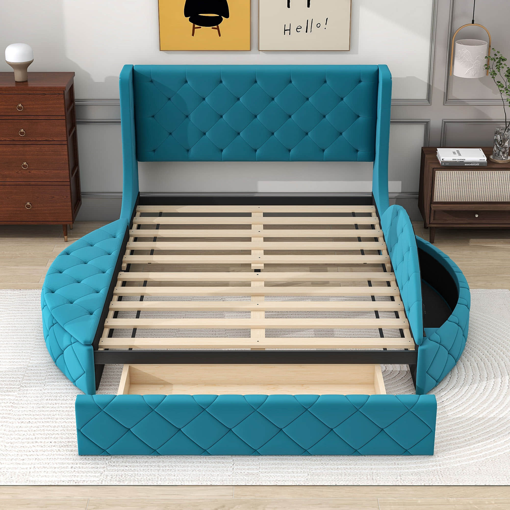 Upholstered Queen Platform Bed Frame with Wingback Headboard and Storage