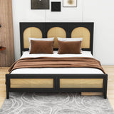 Queen Size Wood Platform Bed with Storage and Rattan Headboard