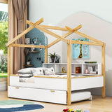 Full House Kids Bed Frame with Twin Trundle Bed and Bookshelf Storage