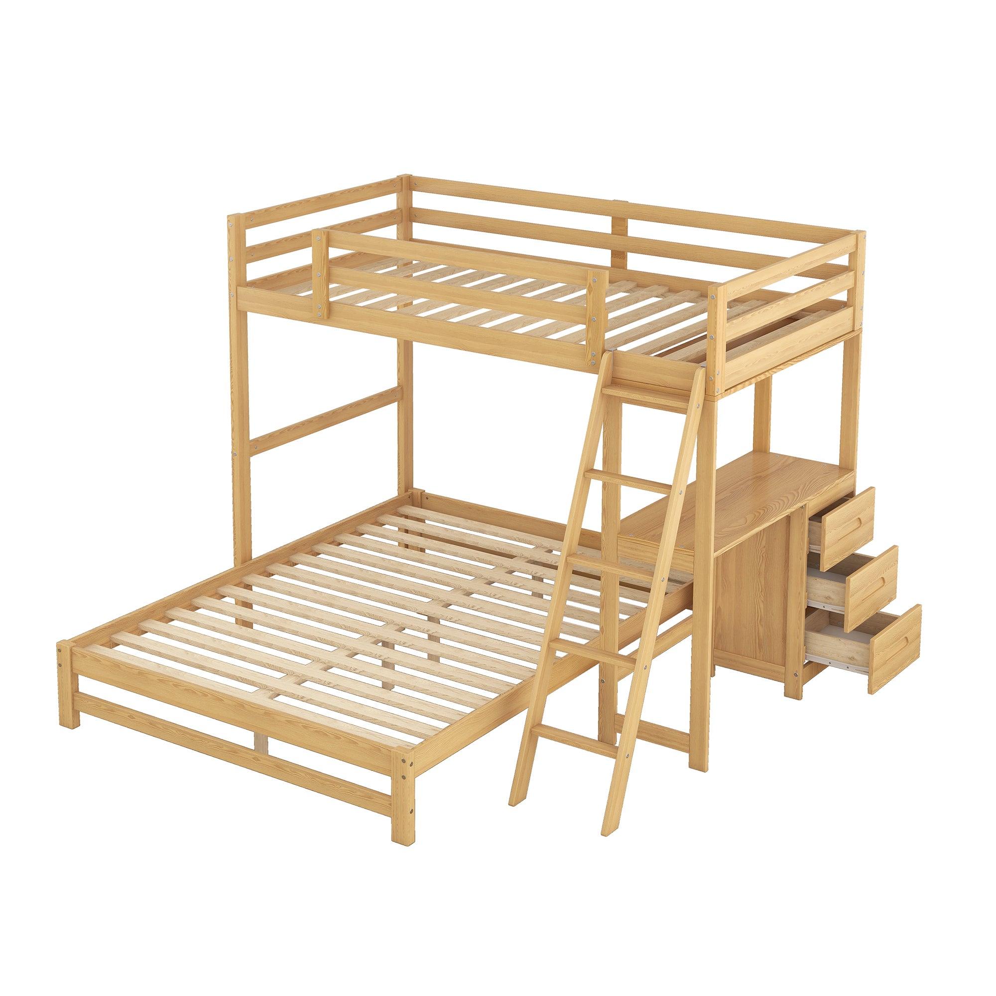 Twin Over Full Bunk Beds with Desk and Storage Drawers - [Wooden, Detachable, L-Shaped]