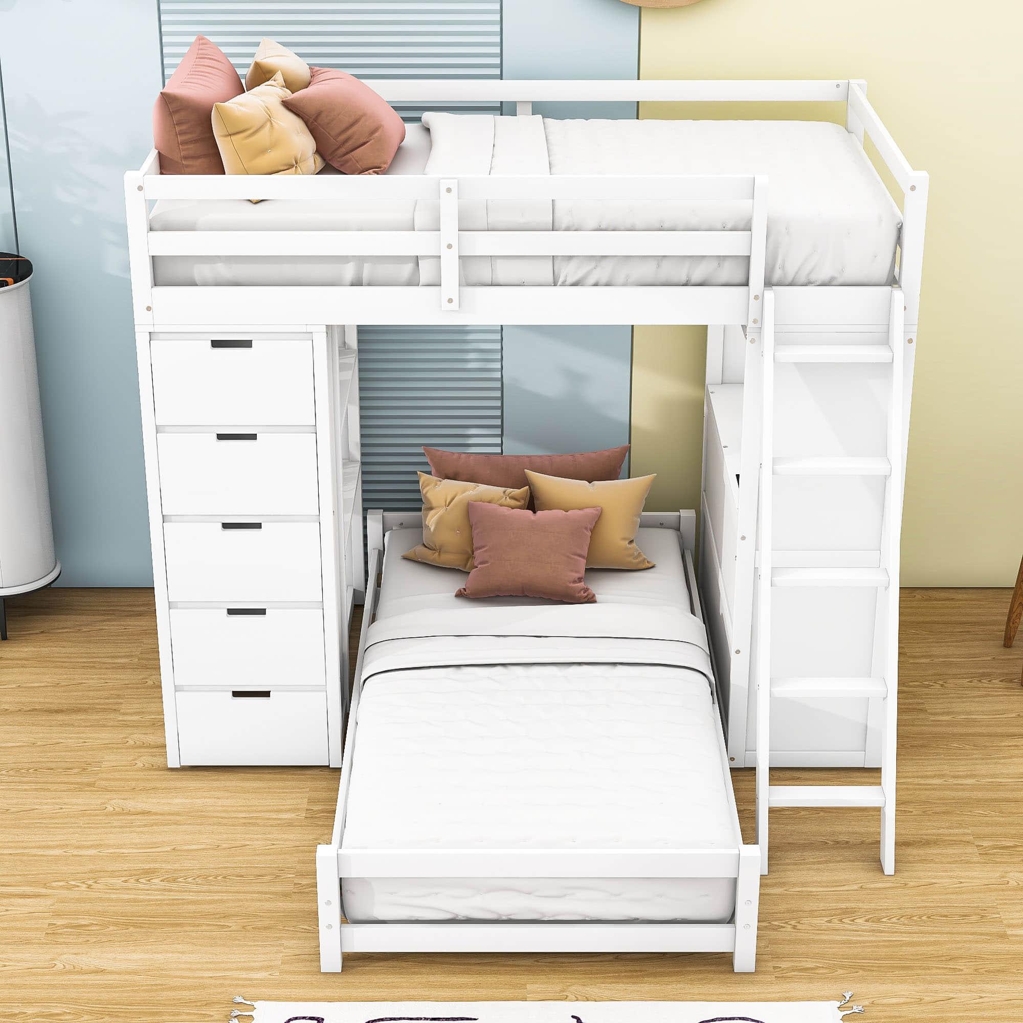 Smart Twin Over Twin Bunk Beds with Desk and Storage Chest, Drawers