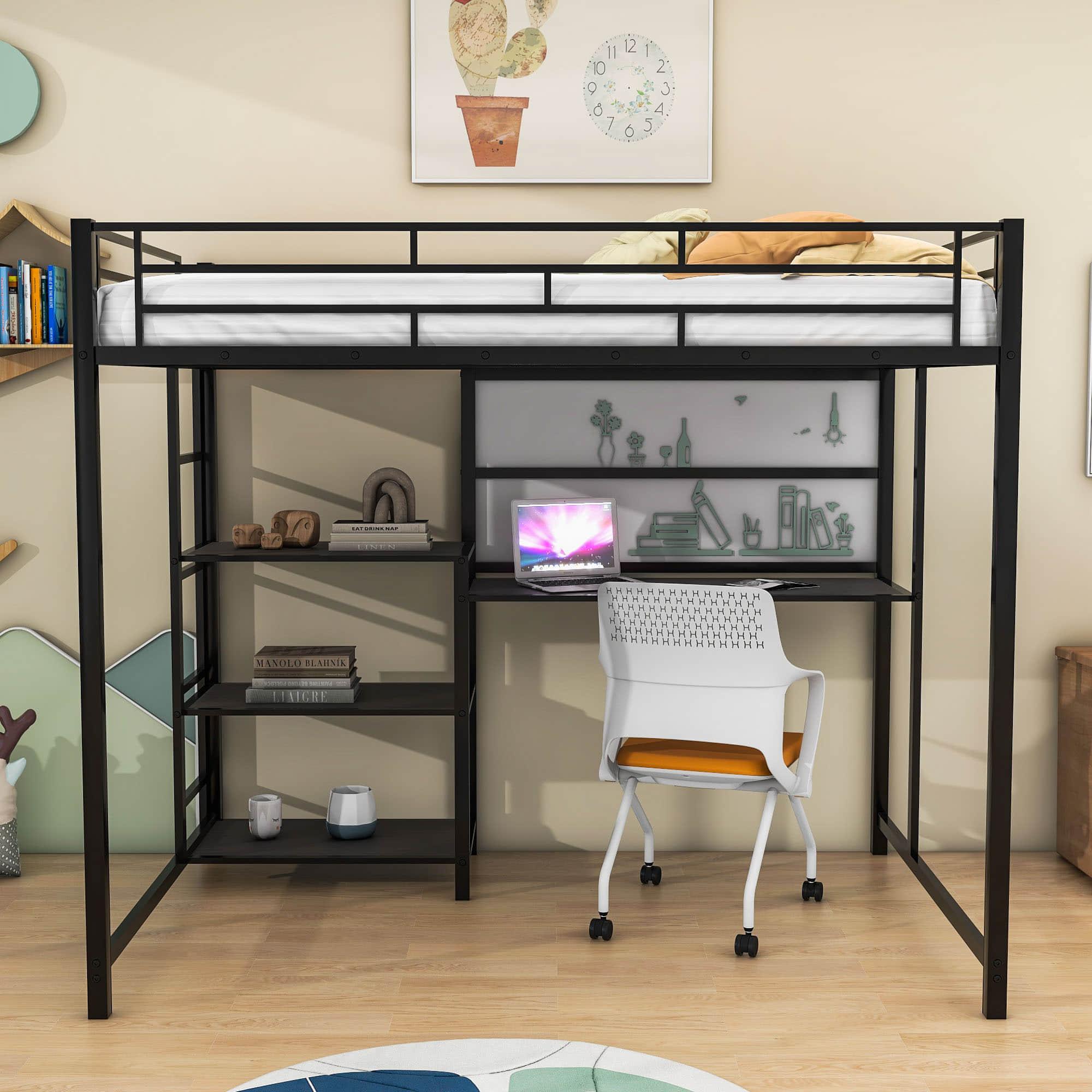 Full Size Metal Loft Bed with Desk and Storage Shelves for Adults, Kids