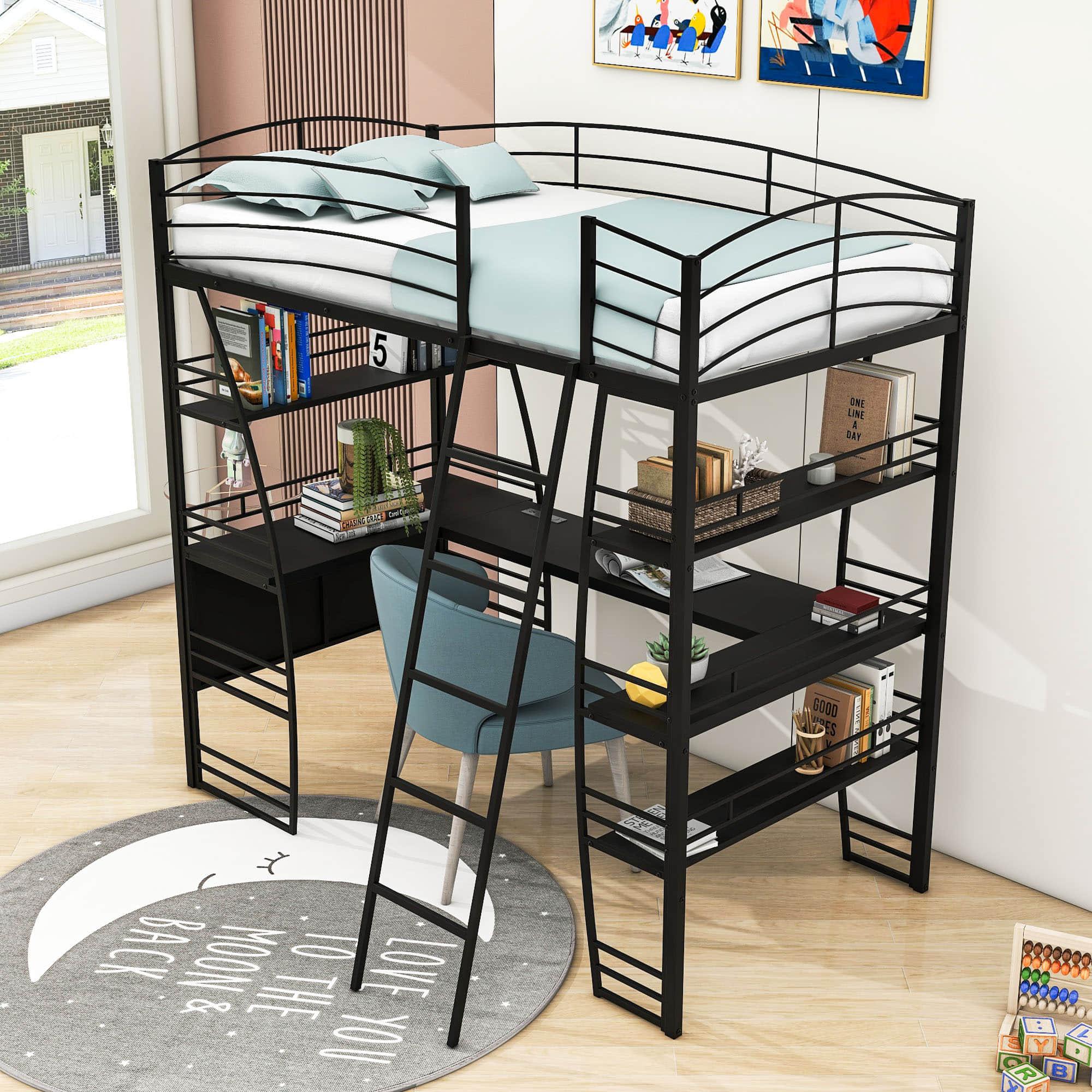 Metal Twin Loft Bed with Desk and Storage Shelves for Adults, Gamer