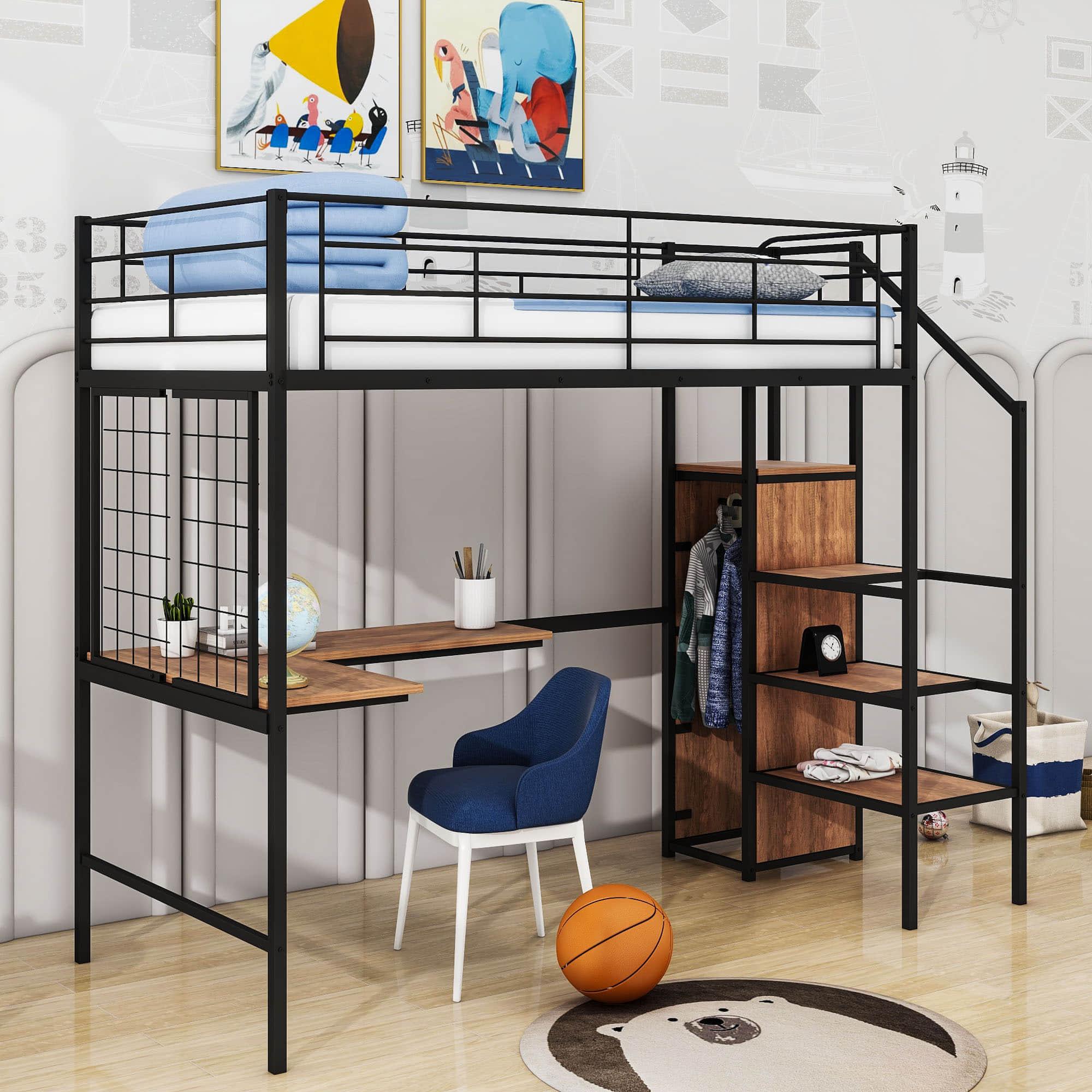 Twin Size Metal Loft Bed with Desk and Stairs, Storage Wardrobe