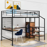 Full Size Metal Loft Bed with Desk and Stairs, Storage Wardrobe