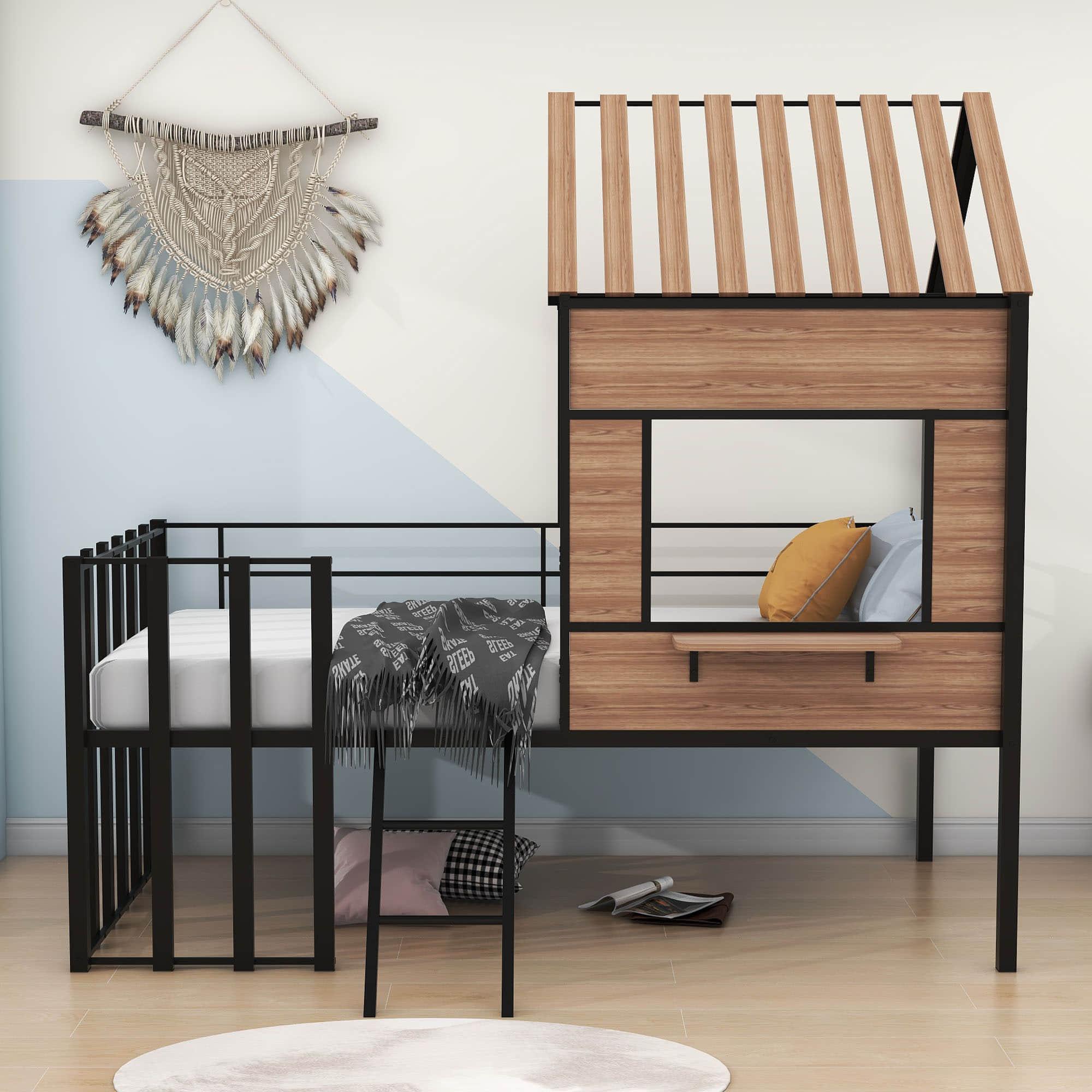 Kids Metal Low Twin Tree House Loft Bed with Window, Roof