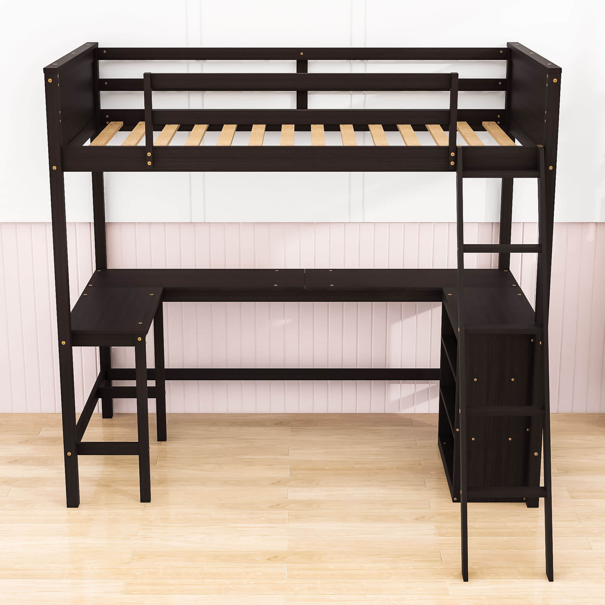 Wood Twin Size Loft Bed with Desk and Storage Shelves for Kids, Adult