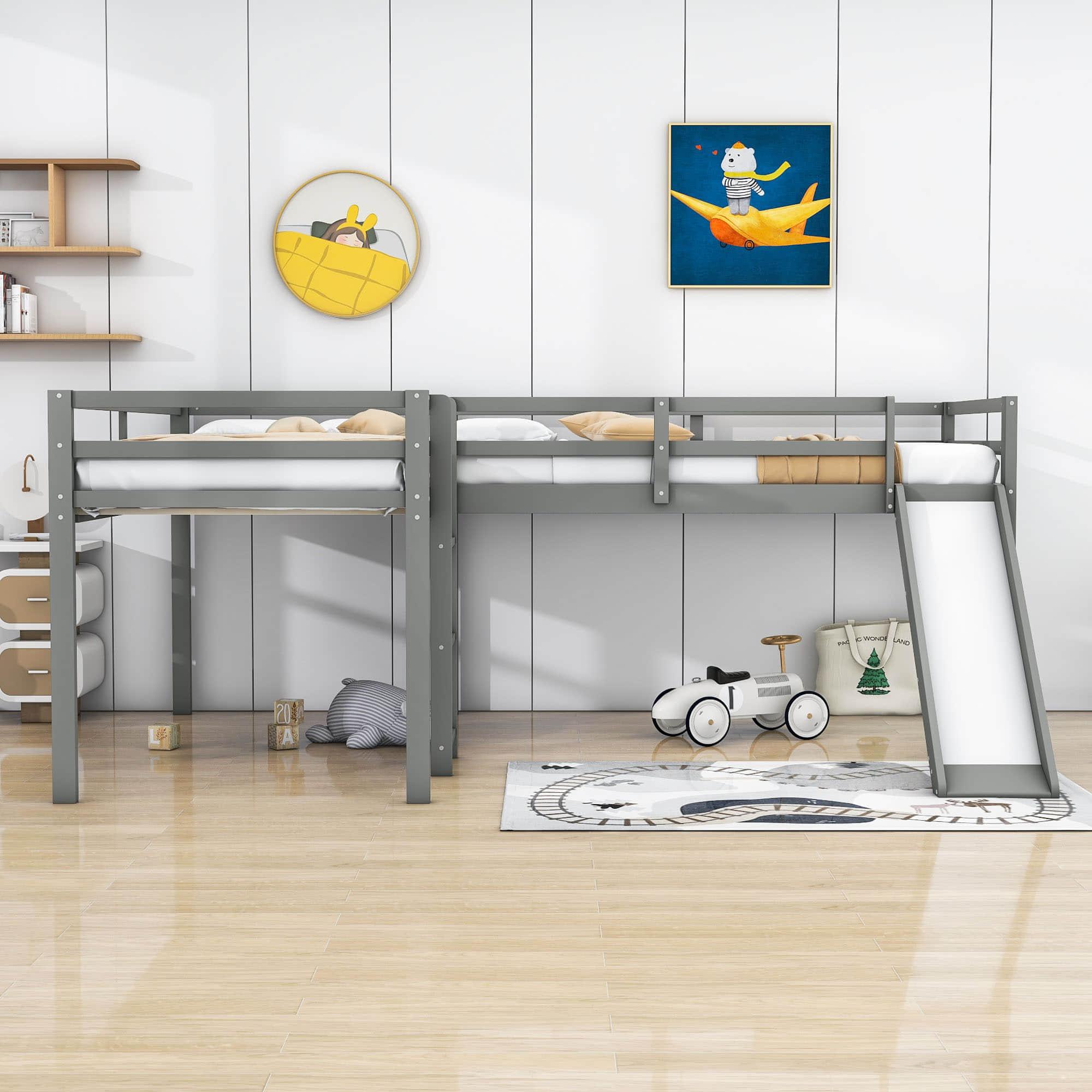 L-Shaped Low Double Twin Loft Bed with Slide for Kids - [Wood]