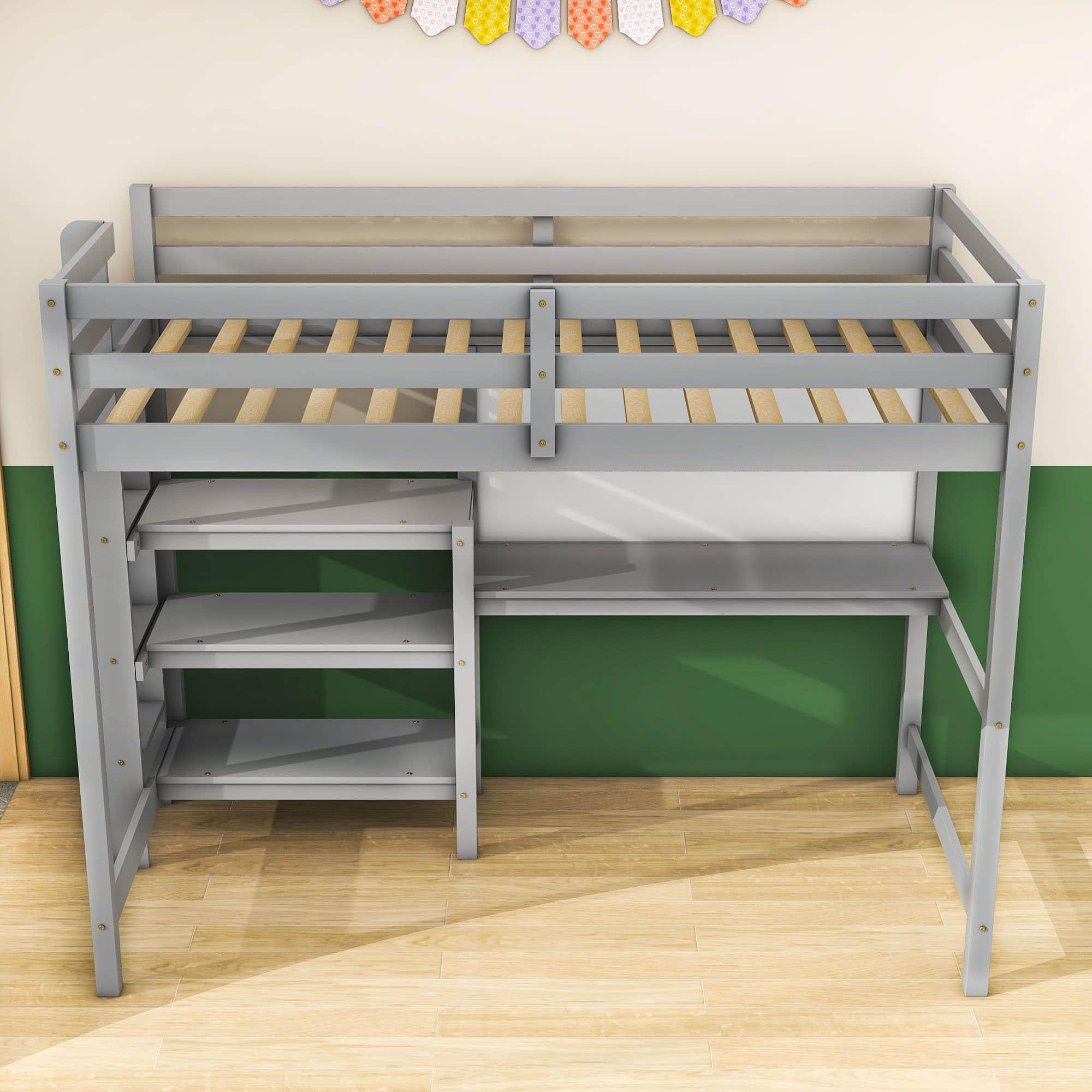 Wooden Twin Loft Bed with Desk and Storage Shelves for Adult, Kids, Junior