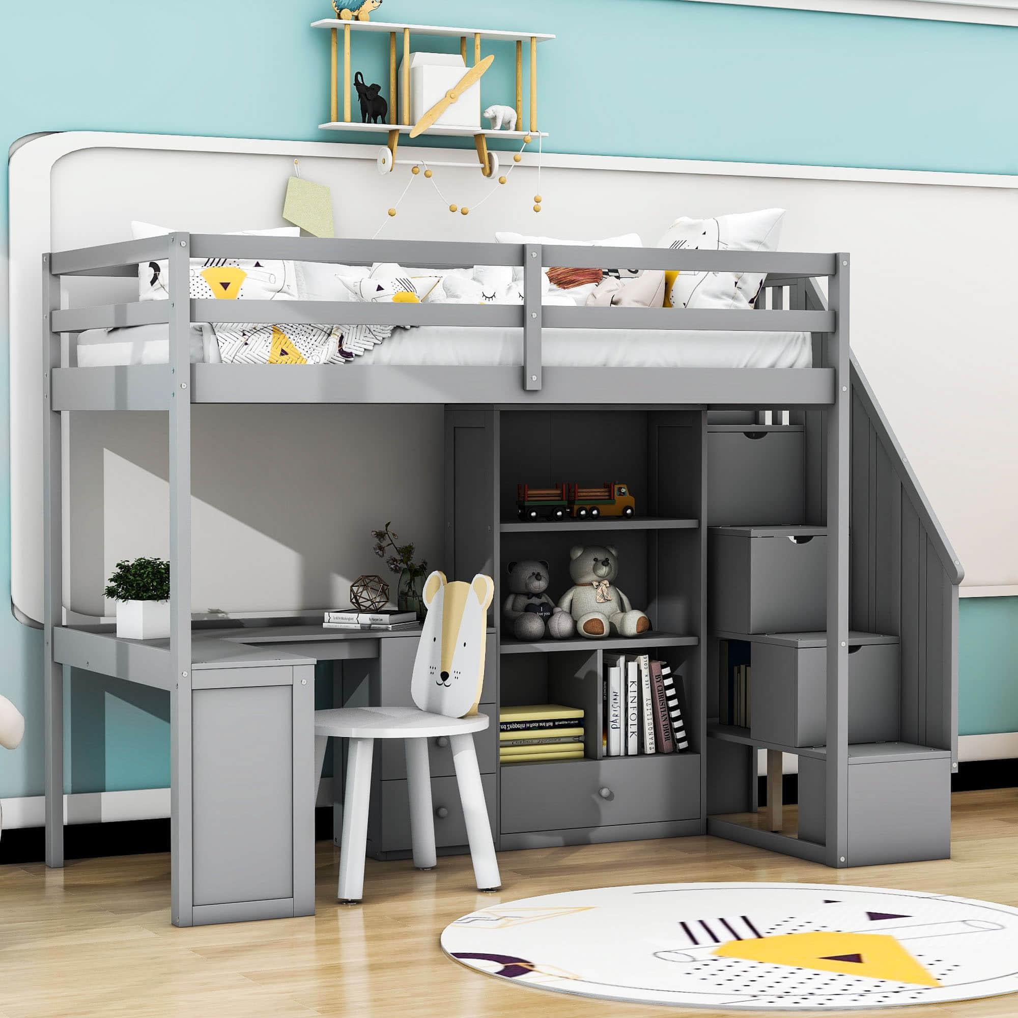 Twin Loft Bed with Desk and Stairs, Storage for Kids, Teens - [Wood]