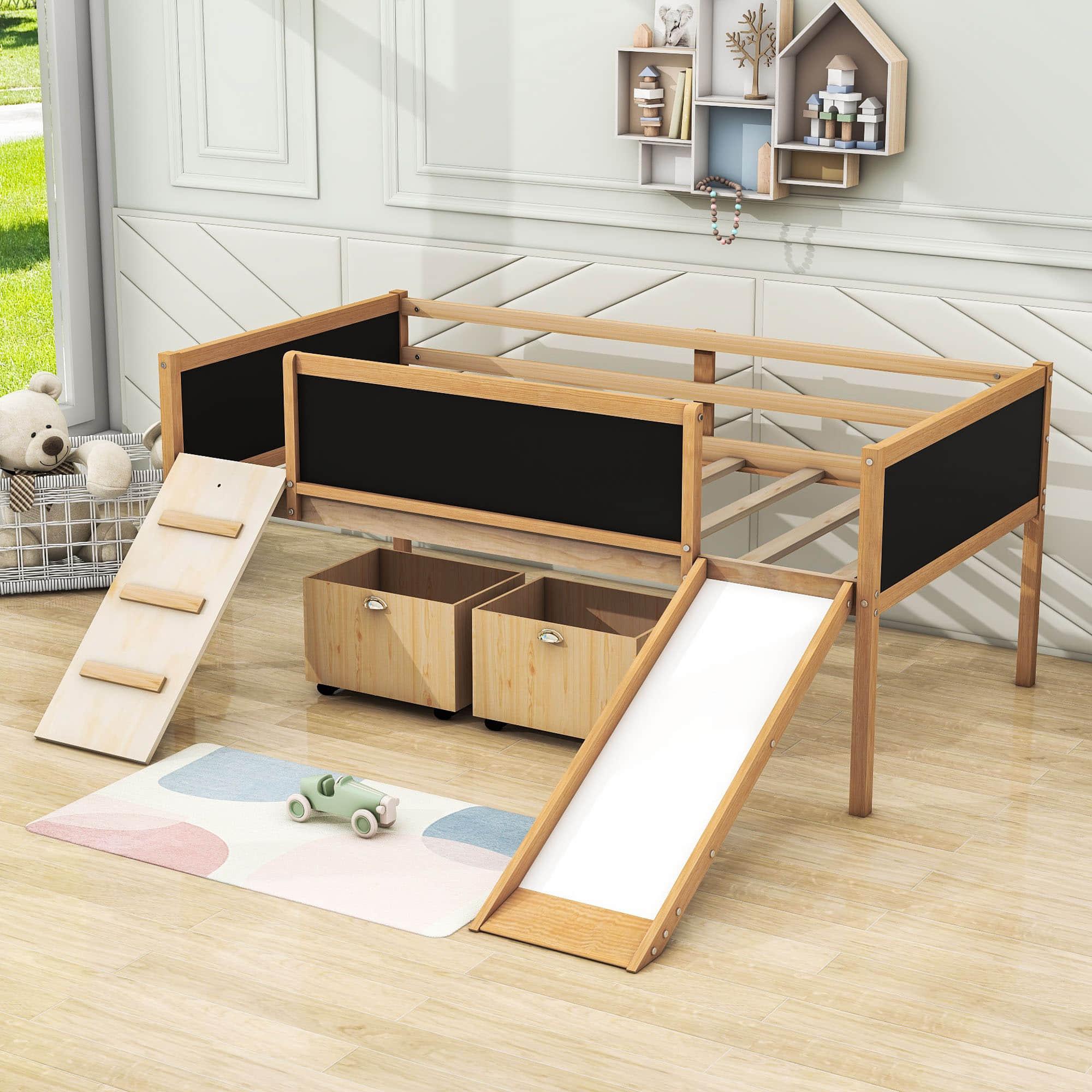 Low Kids Twin Loft Bed with Slide and Storage Boxes, Blackboard