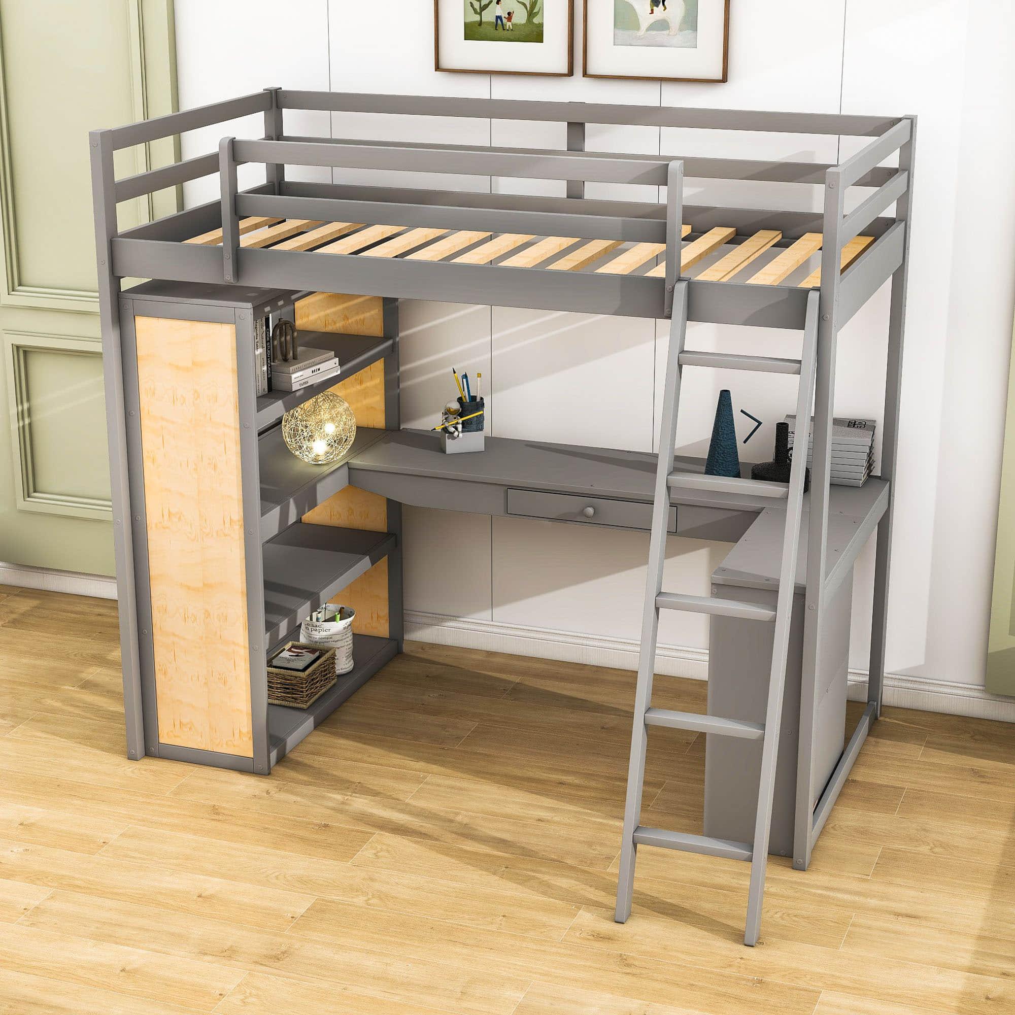 Twin Loft Bed with Desk and Storage Shelves for Adults, Teens