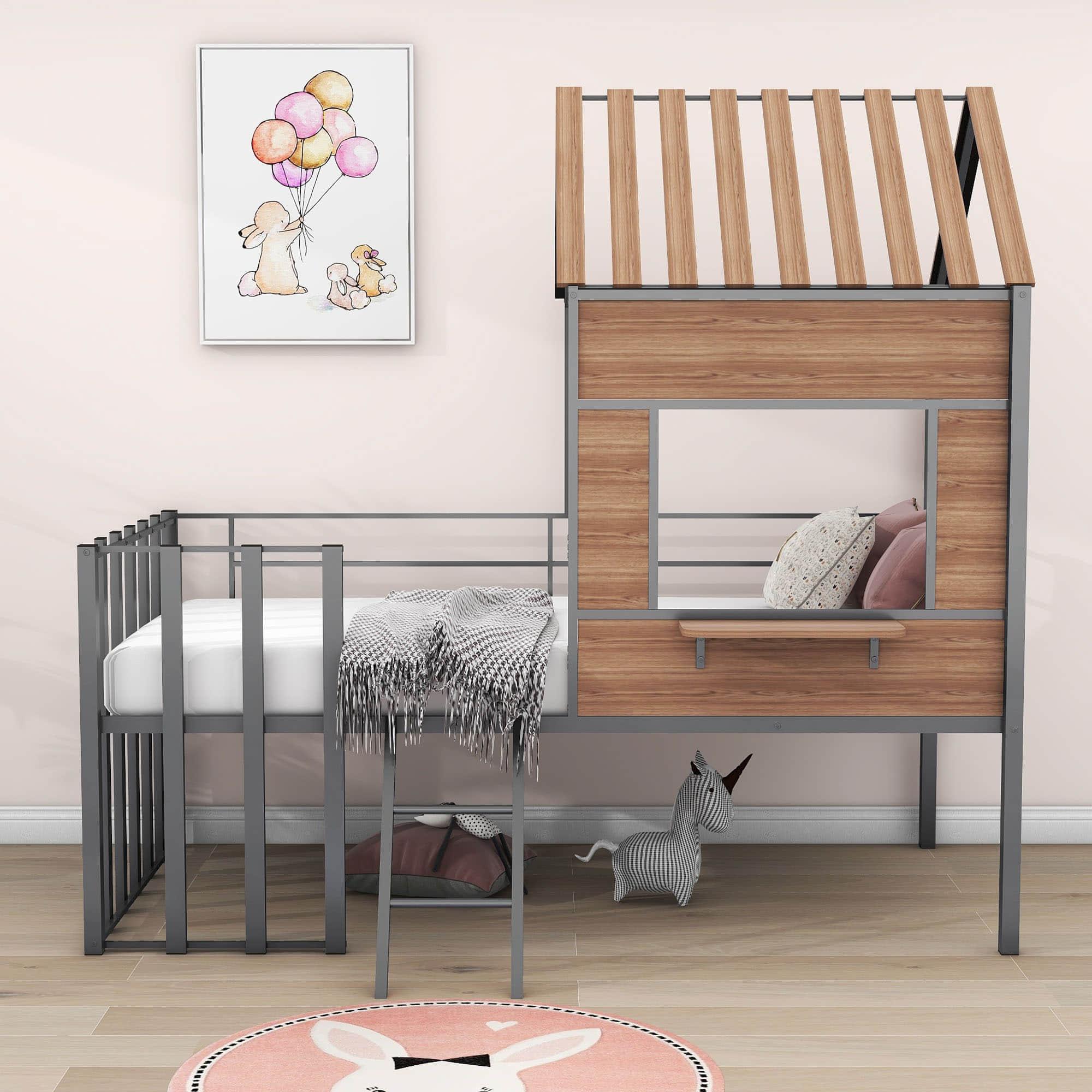 Kids Metal Low Twin Tree House Loft Bed with Window, Roof