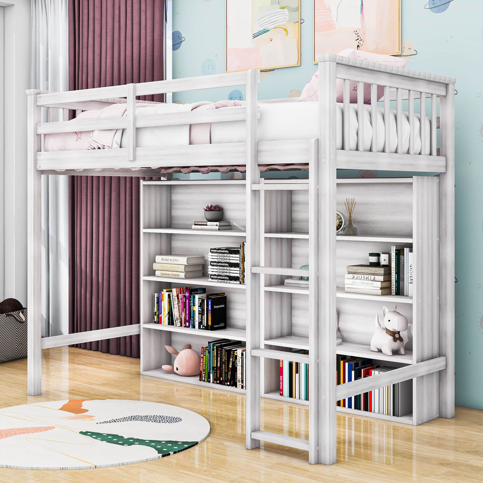 Wood Twin Loft Bed with Large Open Storage Shelves for Adults, Kids