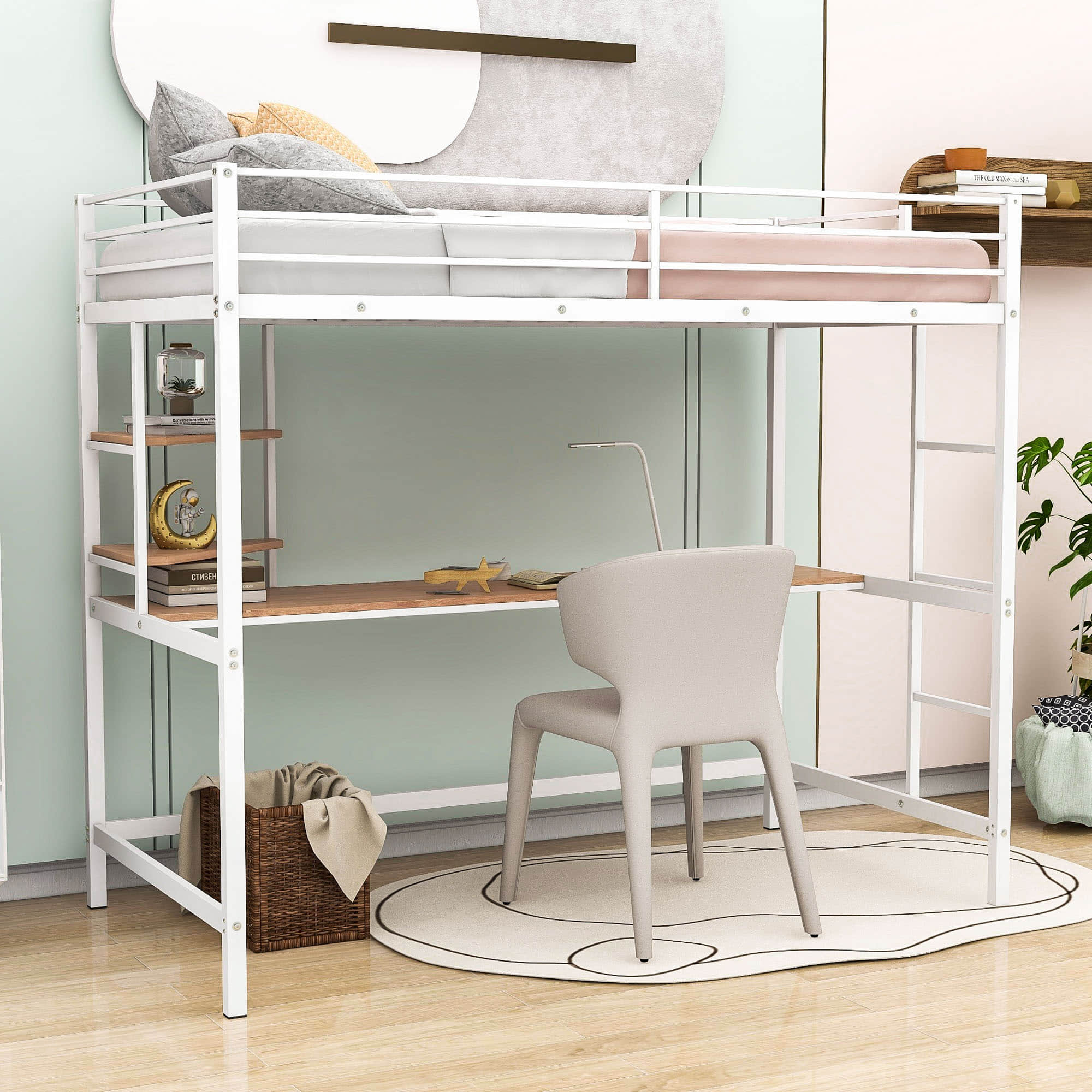 Metal Twin Loft Bed with Desk and Storage Shelves for Adults, Teens