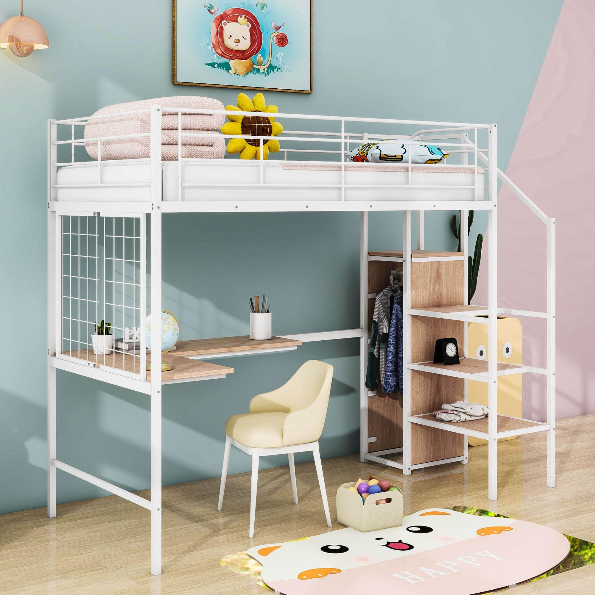 Twin Size Metal Loft Bed with Desk and Stairs, Storage Wardrobe