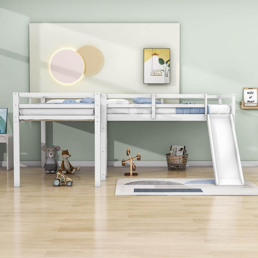 L-Shaped Low Double Twin Loft Bed with Slide for Kids - [Wood]