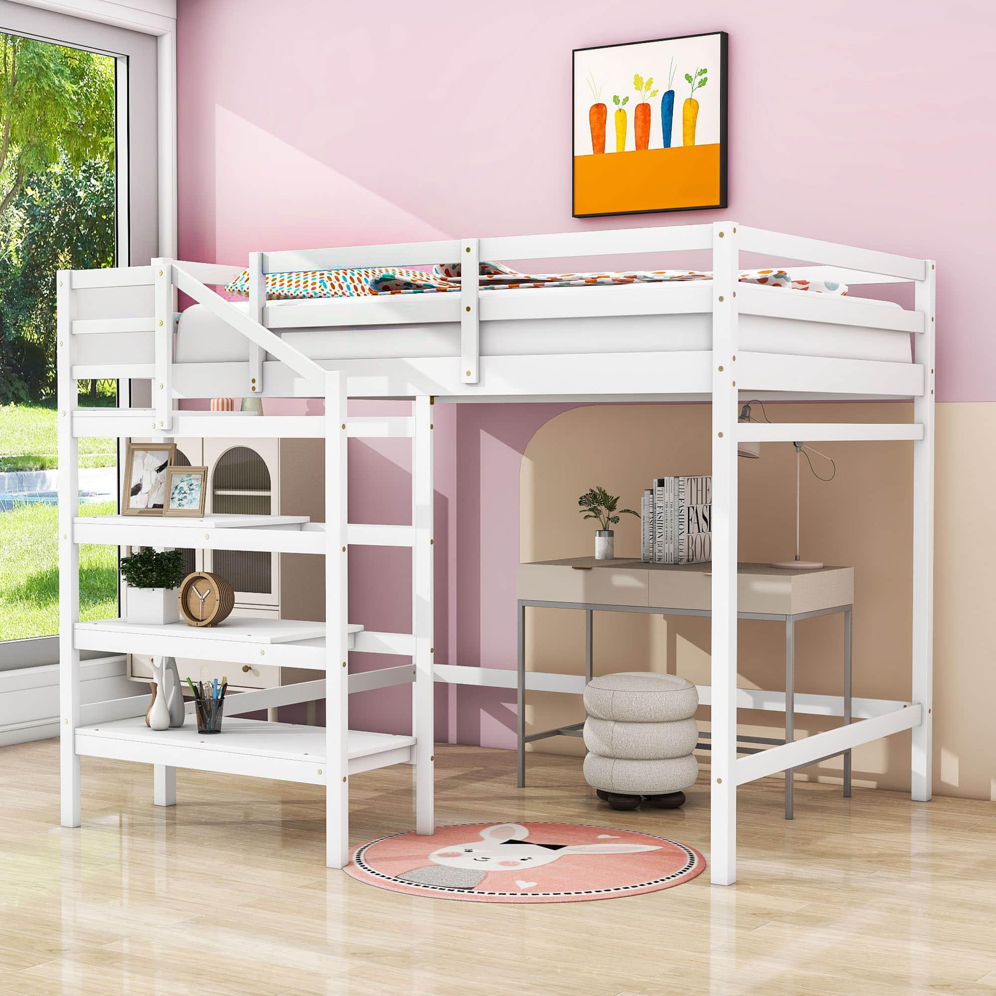 Full Size Loft Bed with Stairs and Clothes Hanger for Adults, Teens