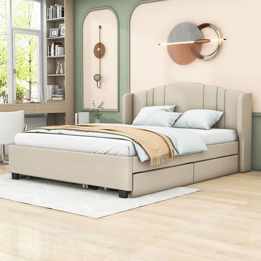 Modern Upholstered Queen Platform Bed Frame with Headboard and Storage