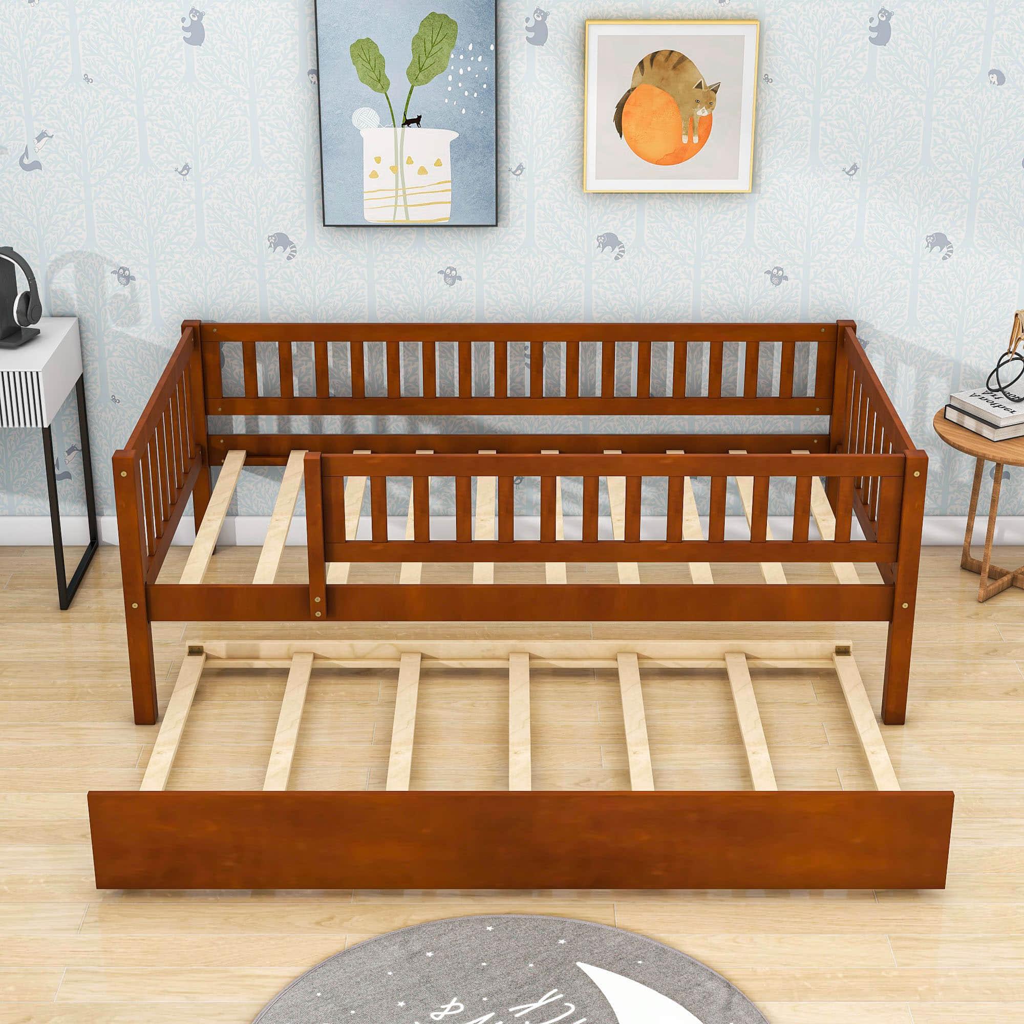 Wooden Twin Low Kids Bed with Twin Size Trundle and Rails