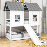 Wood Fun Twin Over Twin Low House Bunk Bed with Slide - [White, Windows, Roof, Ladder]