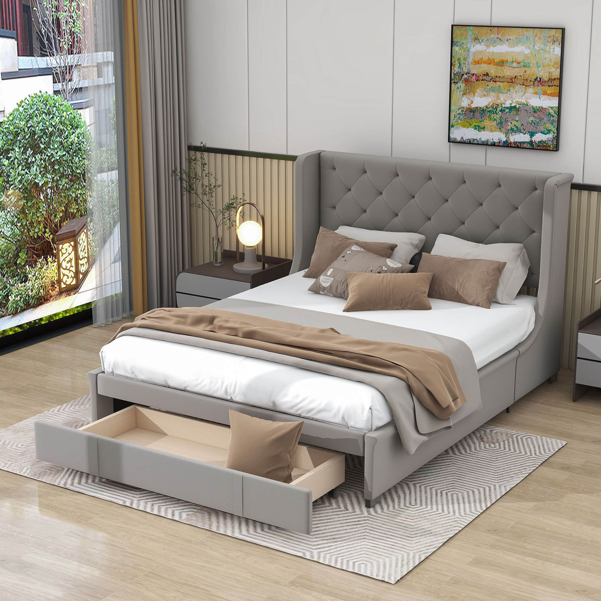 Queen Upholstered Bed Frame with Wingback Headboard and Storage