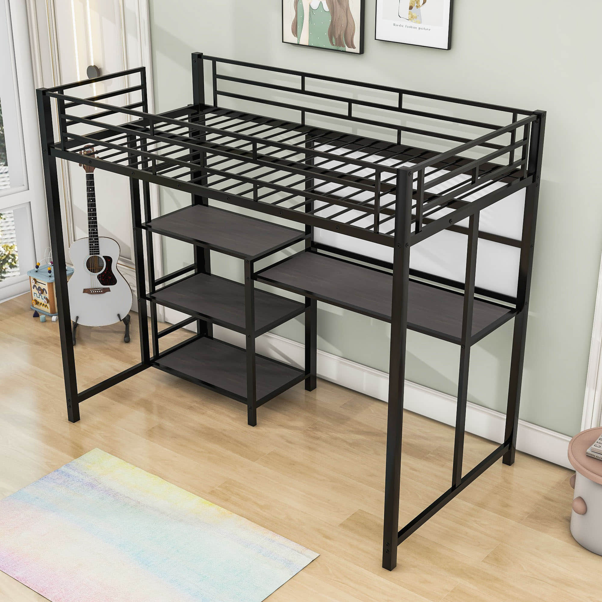 Metal Twin Loft Bed with Desk and Storage Shelves for Adults, Kids