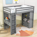 Modern Twin Loft Bed with Desk and Storage, LED Light for Adults, Teens