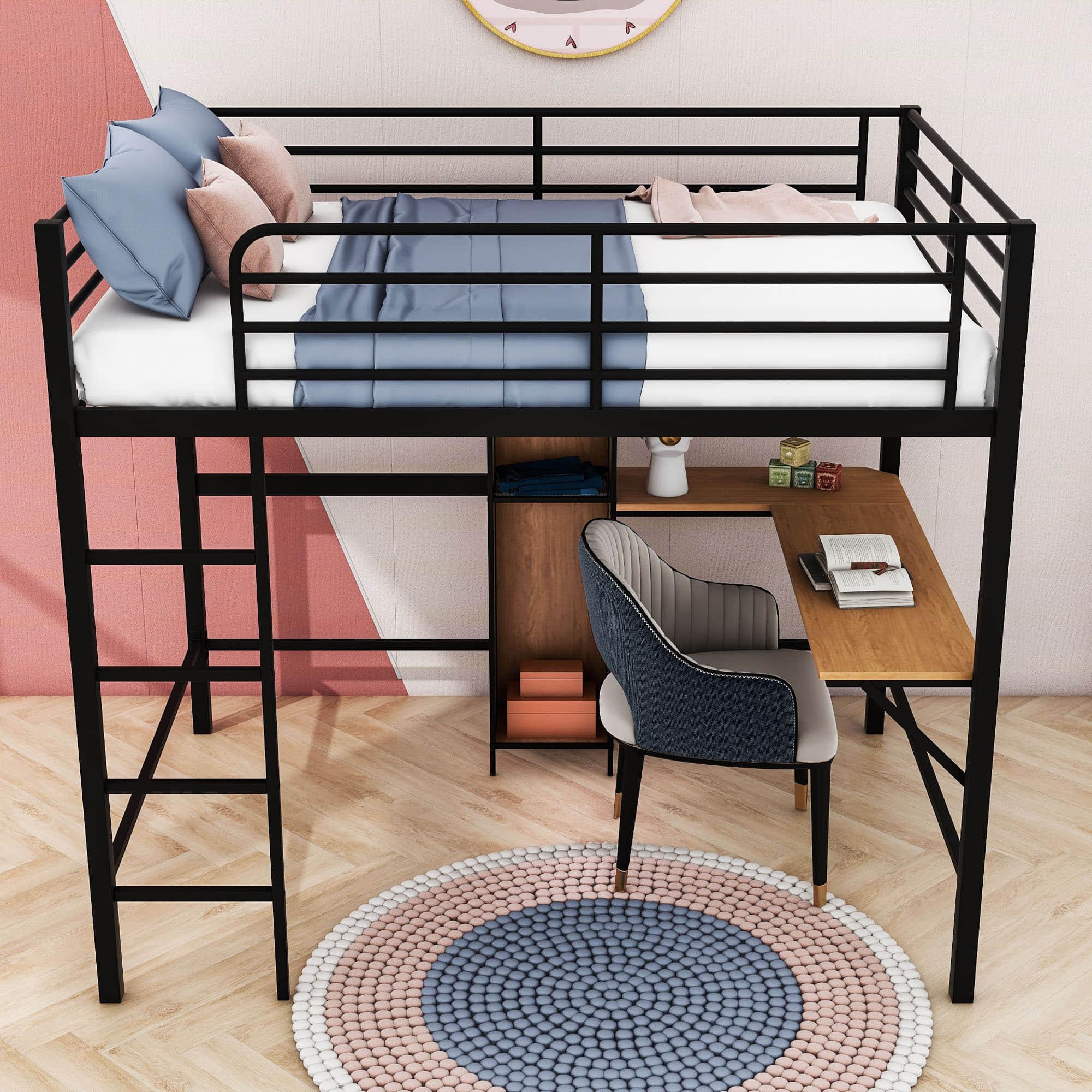 Metal Full Size Black Loft Bed with Desk and Storage for Adults, Teens