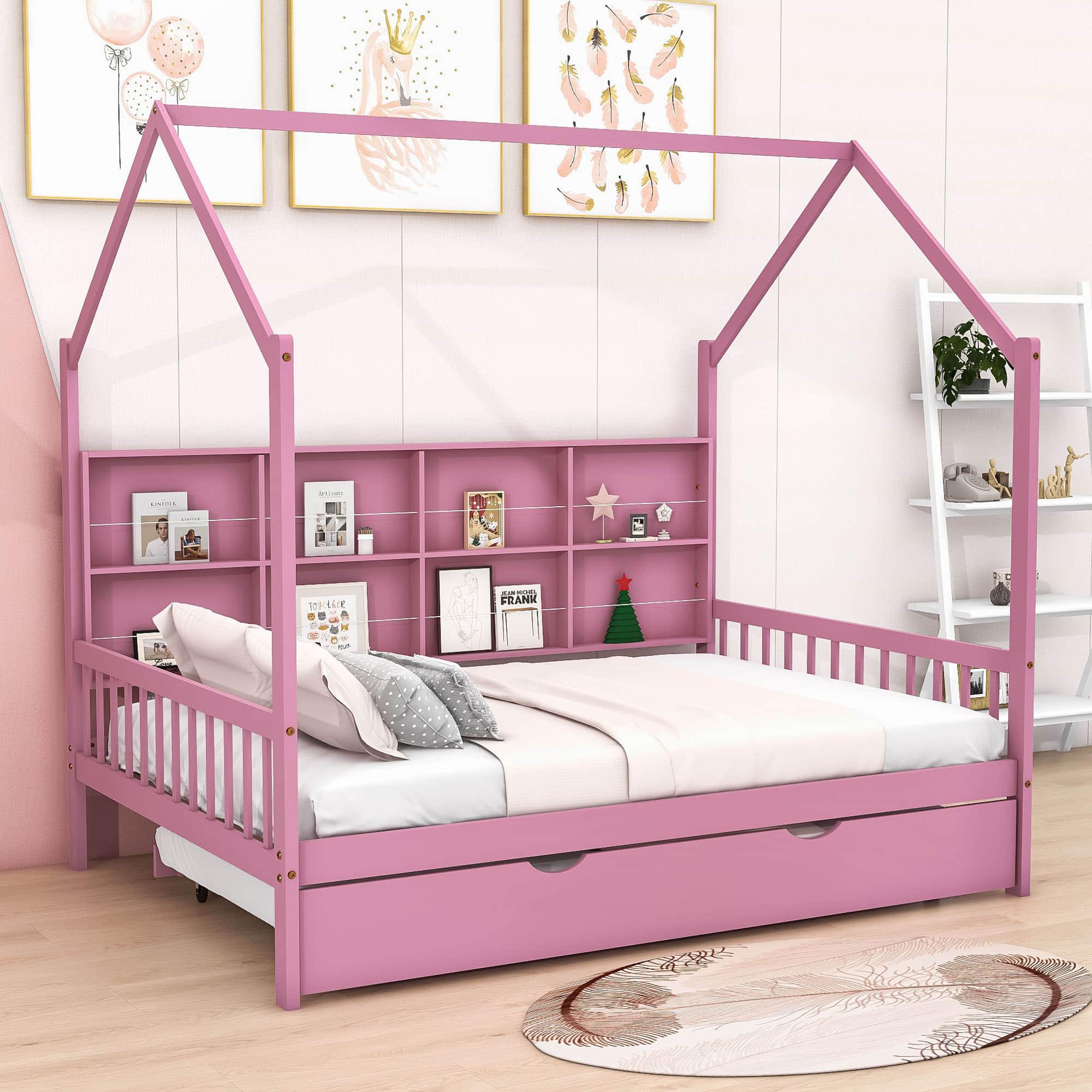 Wooden Kids House Full Size Bed with Trundle, Storage and Headboard - [Shelves]