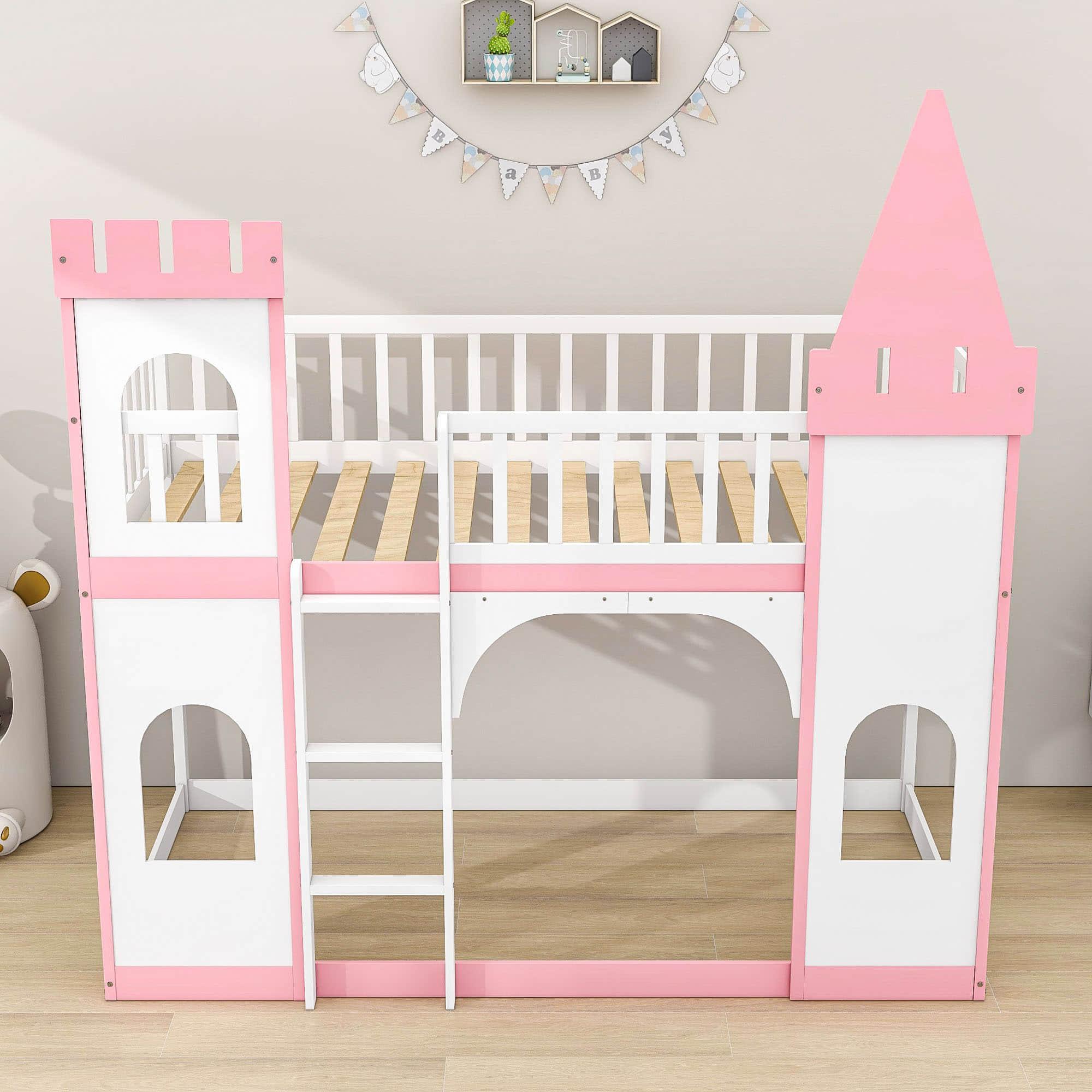 Low Twin Over Twin Bunk Beds for Kids, Girls, Toddler - [Wooden, Castle]